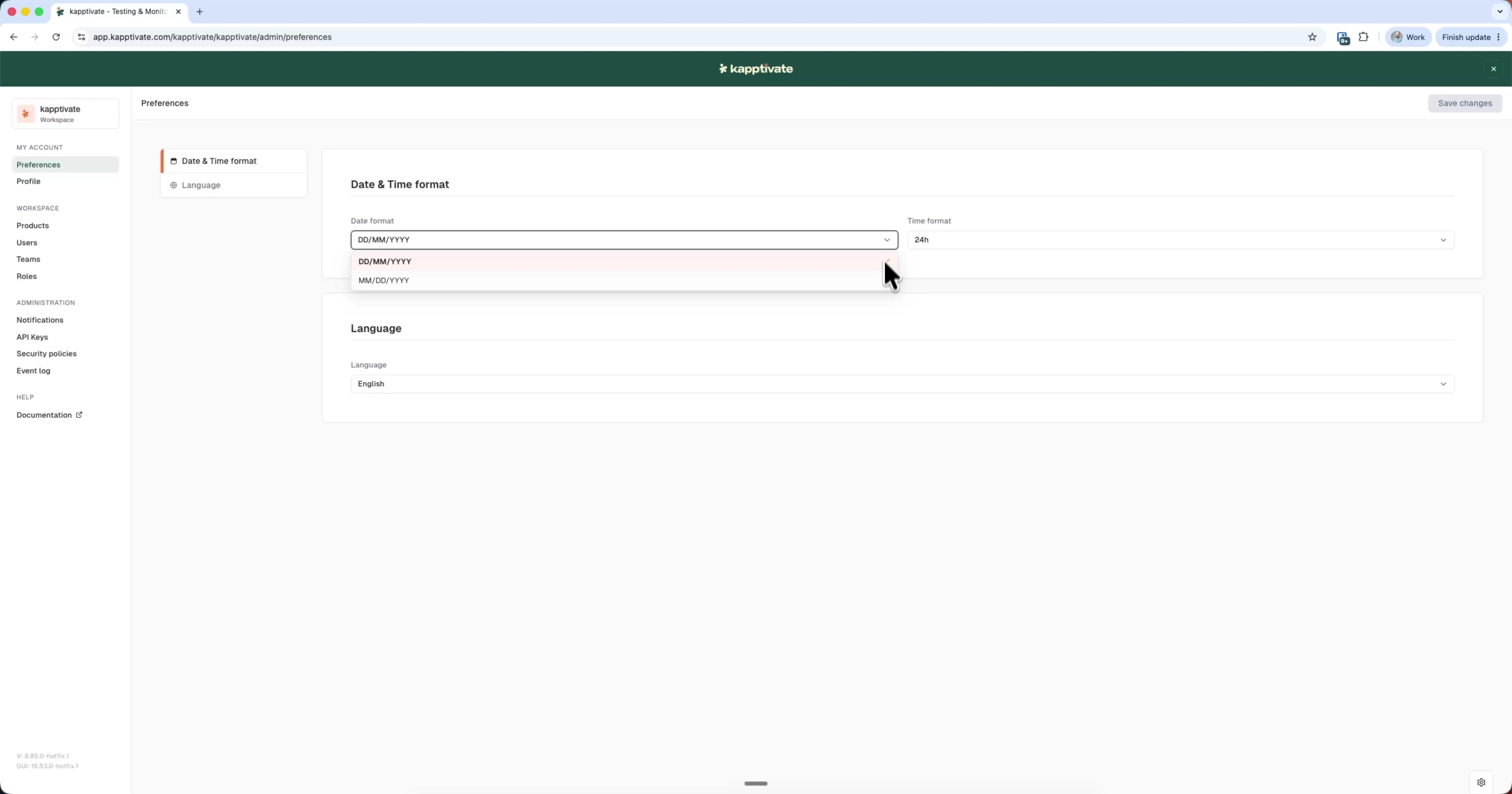 The Date & Time format preference, with date-format and time-format dropdowns