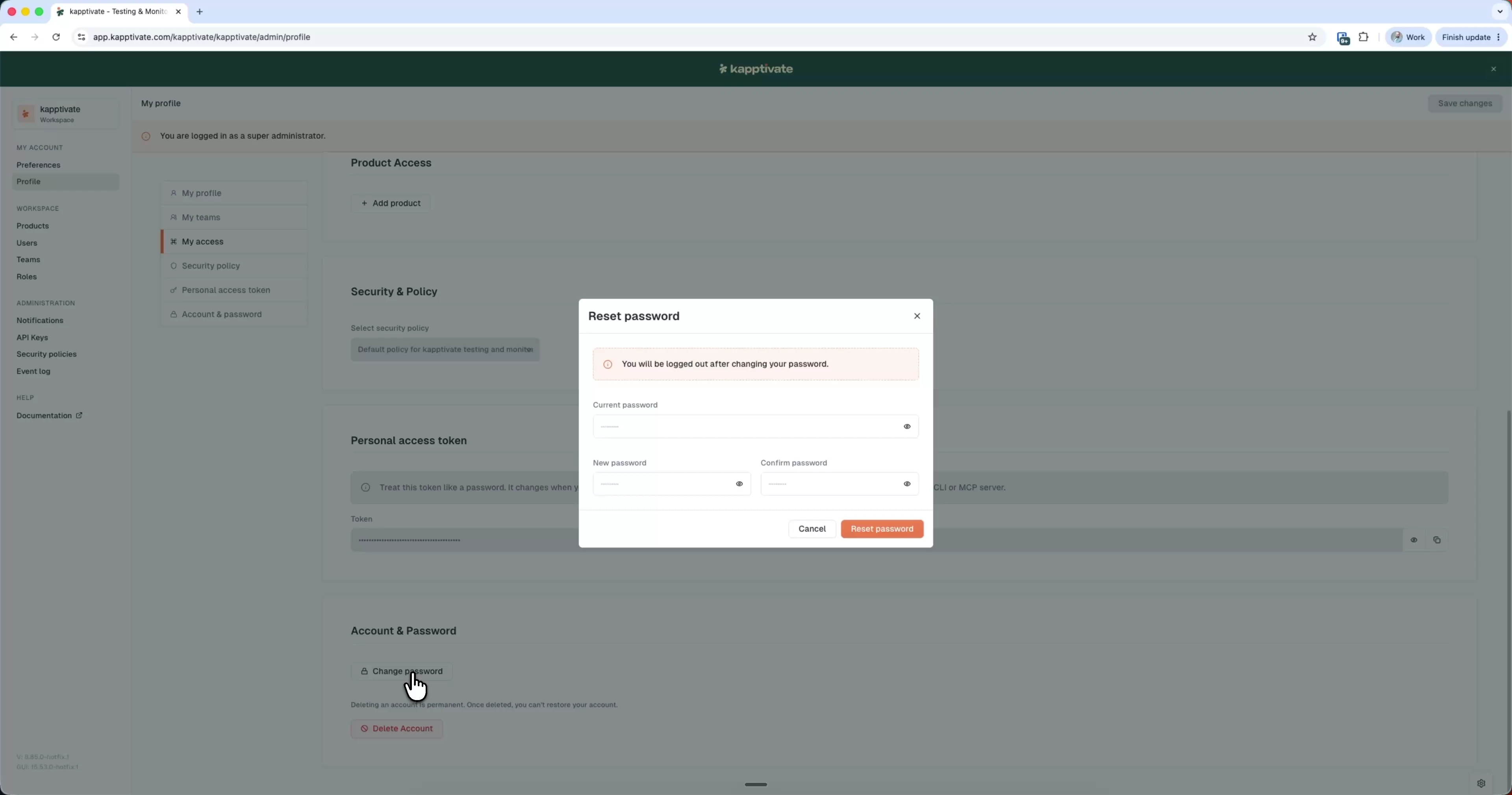 The Reset password modal asking for the current password and the new password twice