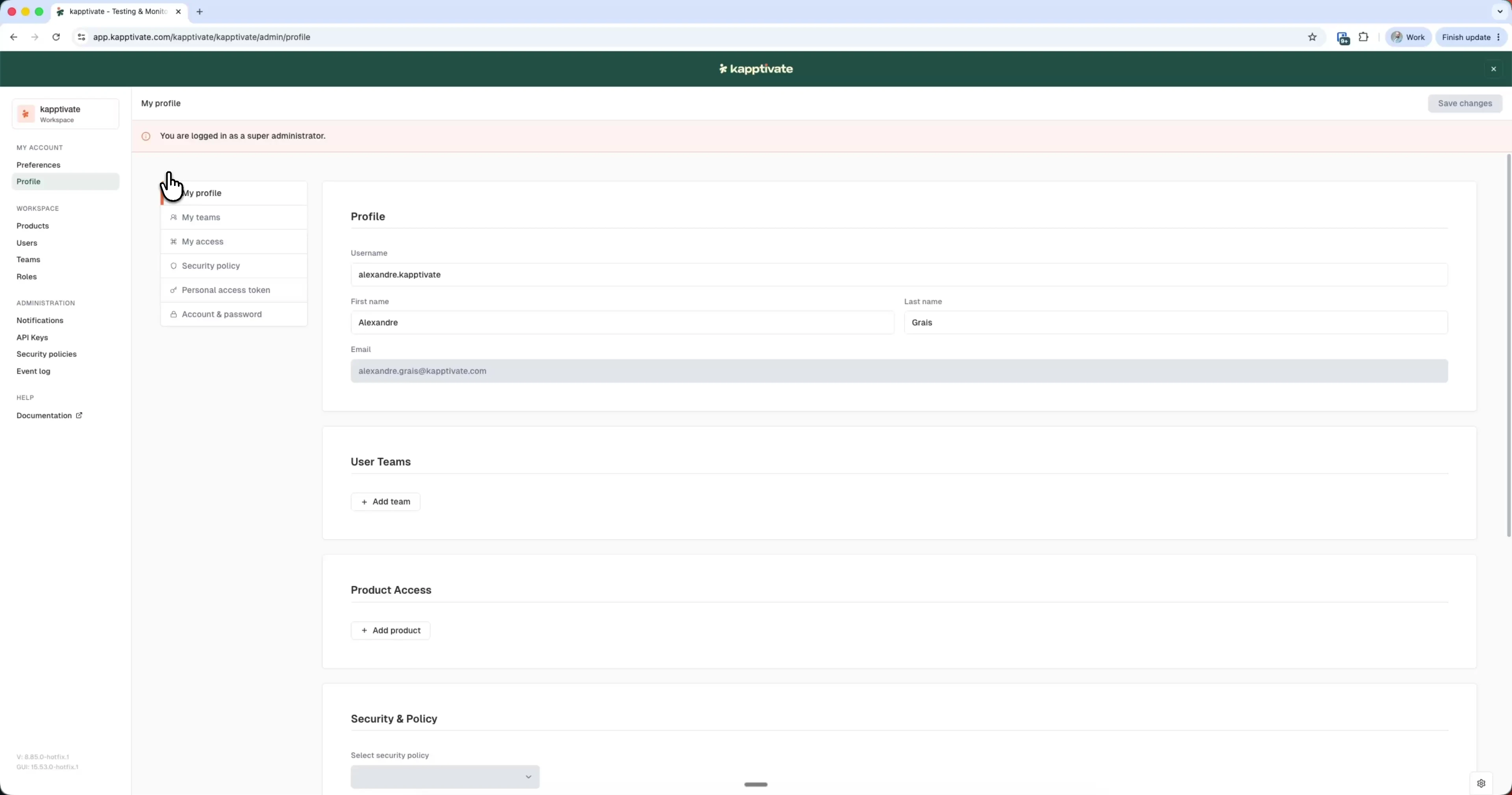 The Profile section, editing username, first name, and last name with a read-only email field