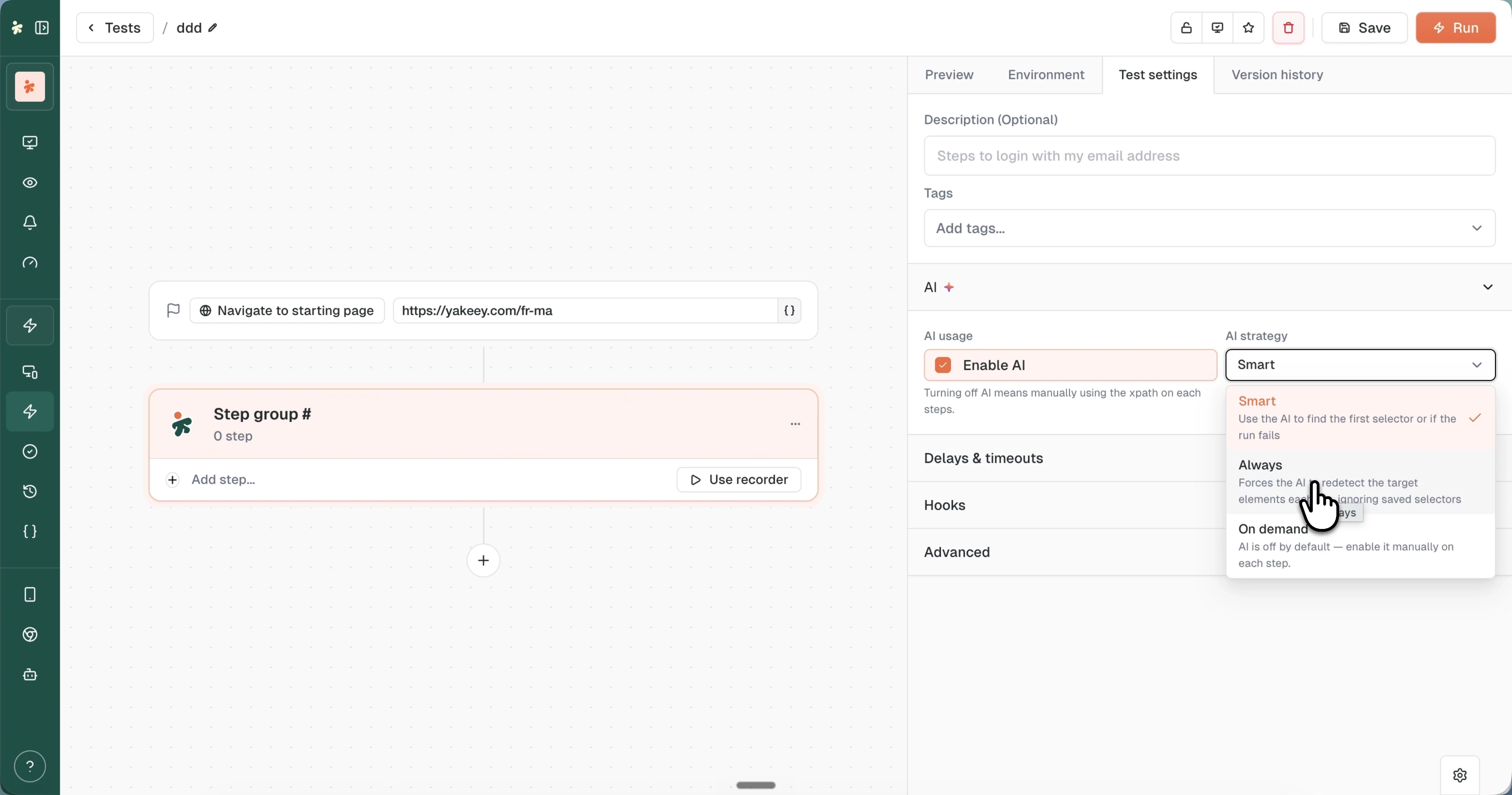 The AI section of Test settings with the Enable AI toggle and the strategy dropdown open