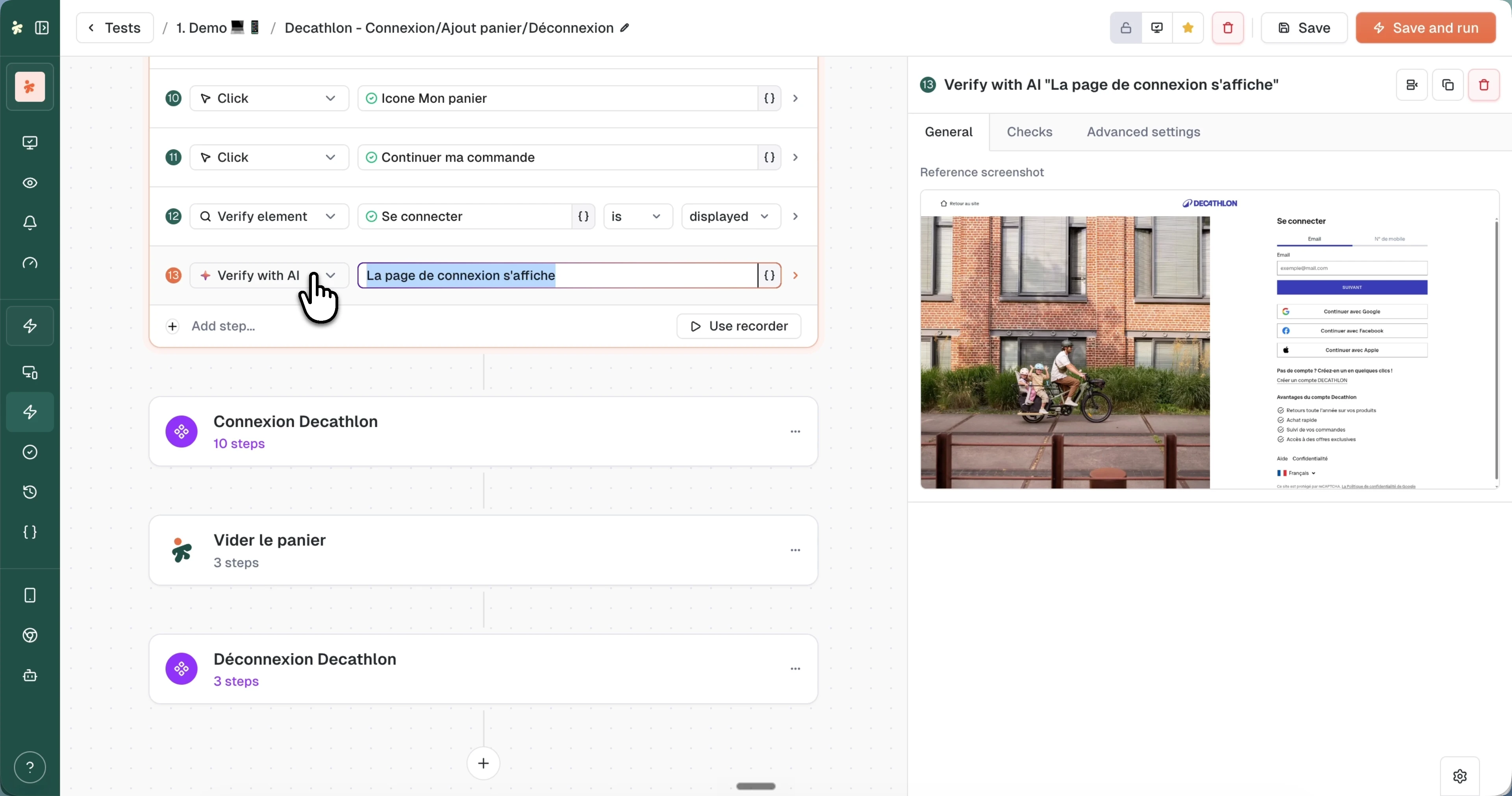 A Verify with AI step asserting that the login page is displayed, with its reference screenshot