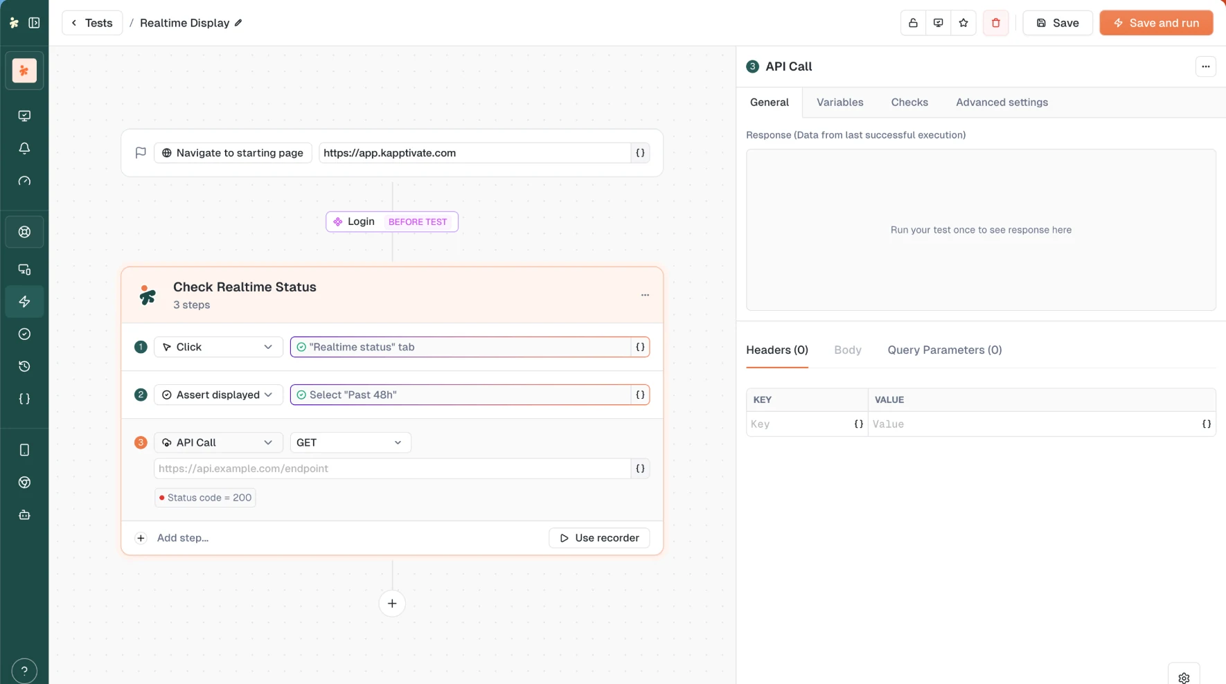 The test editor with an API Call step selected: the step row carries the method and the URL, and the right panel shows the General, Variables, Checks, and Advanced settings tabs with the response placeholder