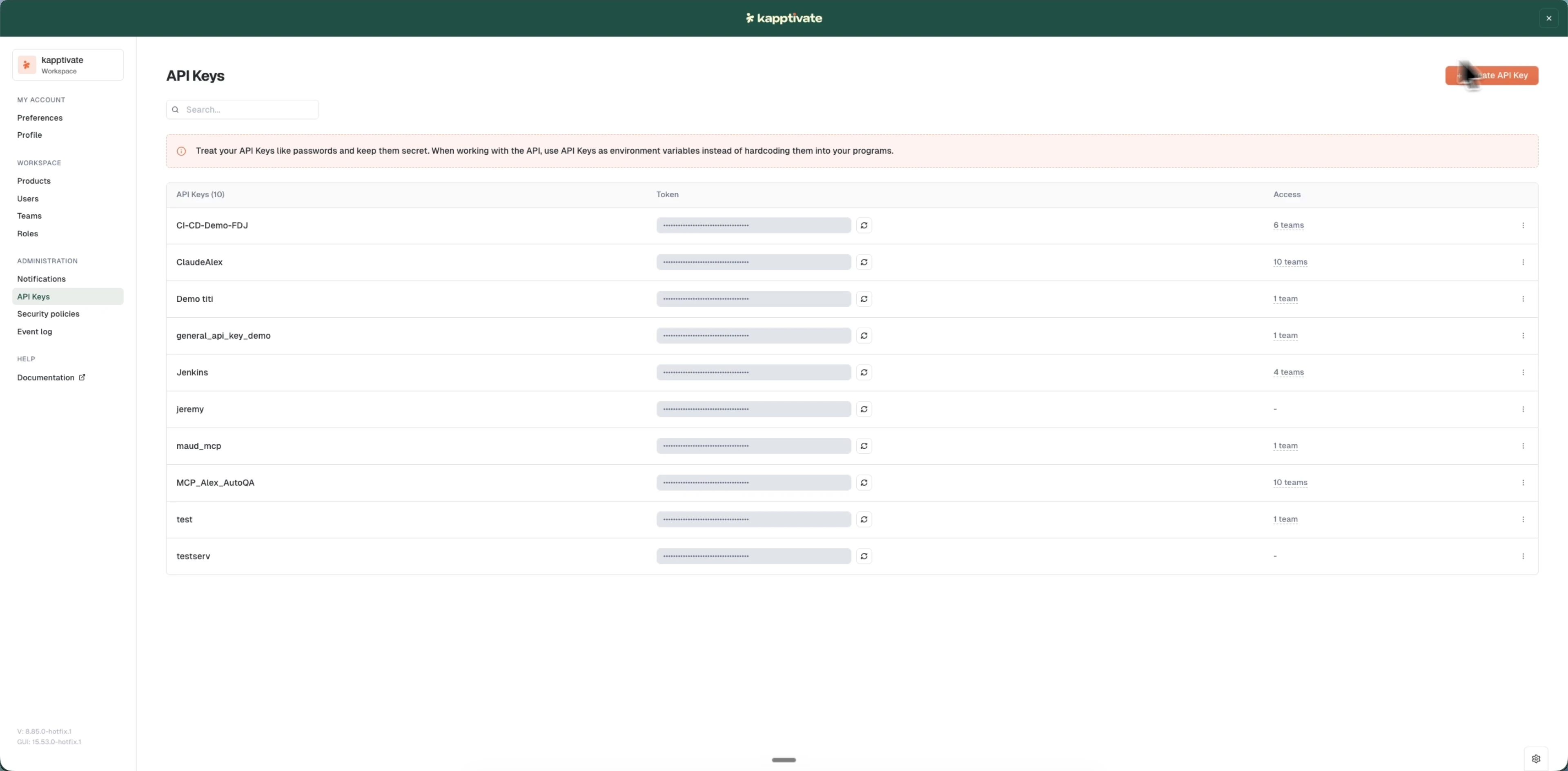The Create a new API Key modal with the name field and team selector