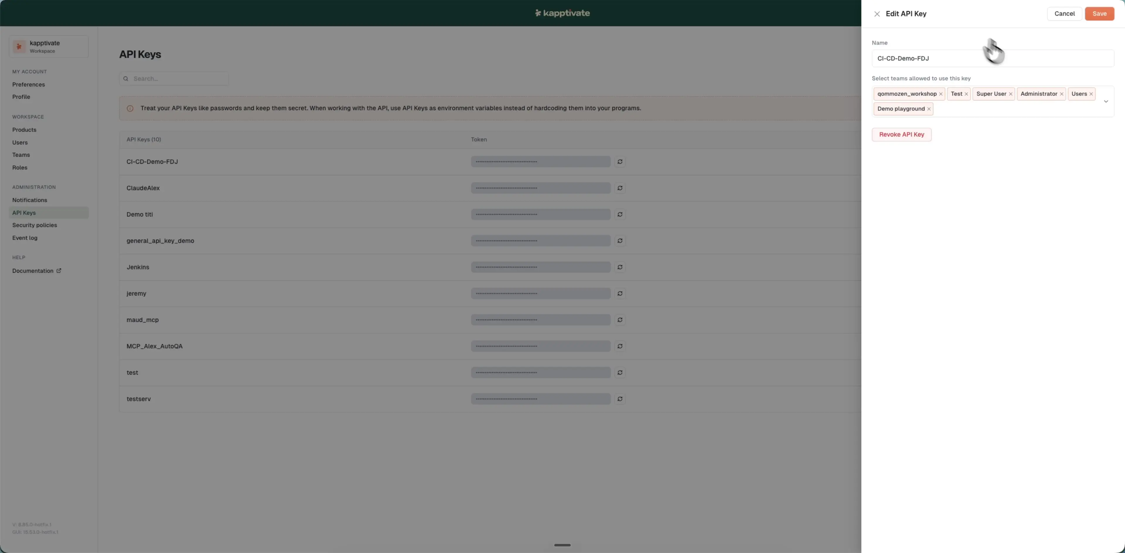 The Edit API Key side panel with the name field, team selector, and Revoke API Key button
