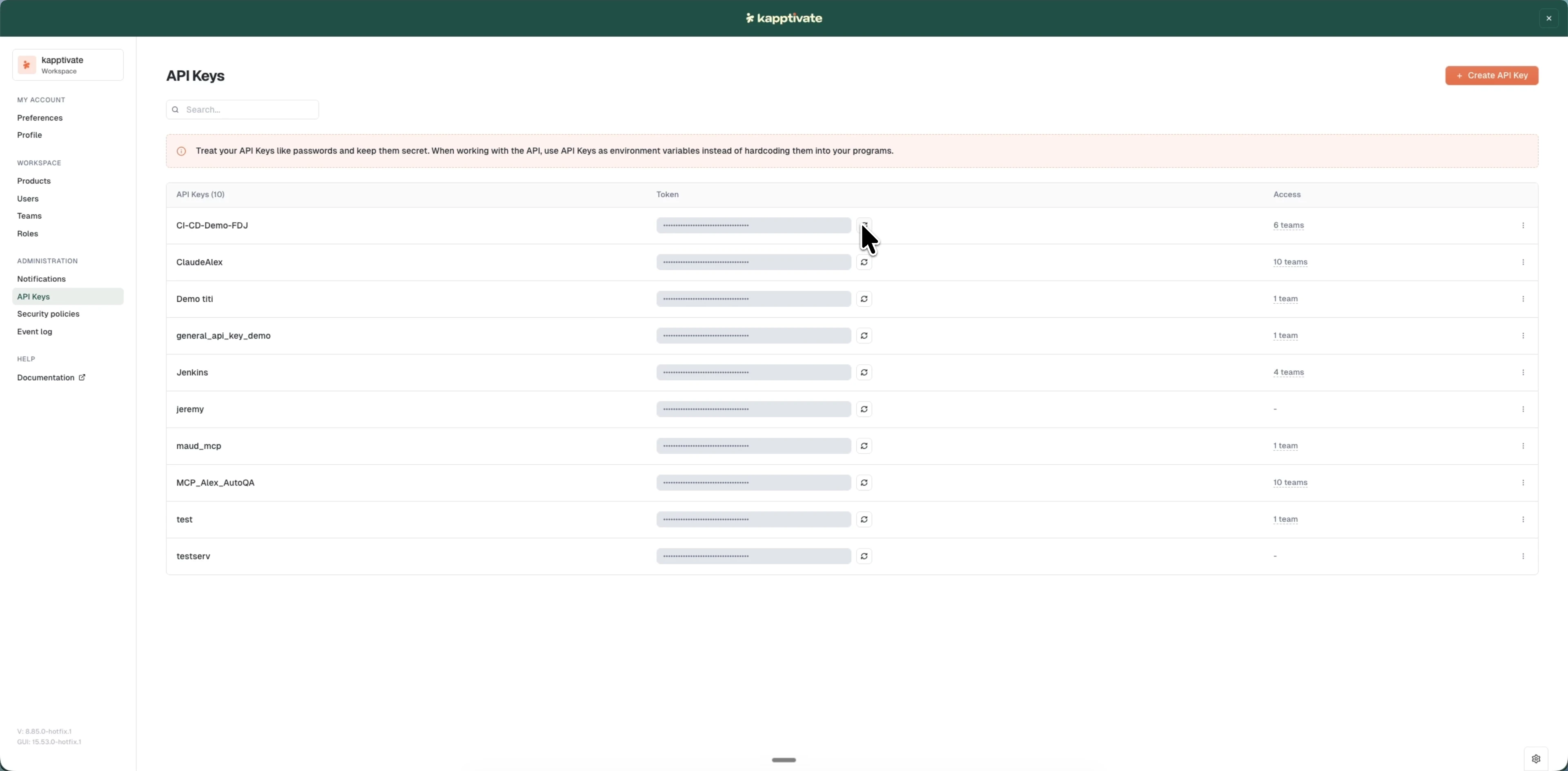 The API keys list with the Token and Access columns