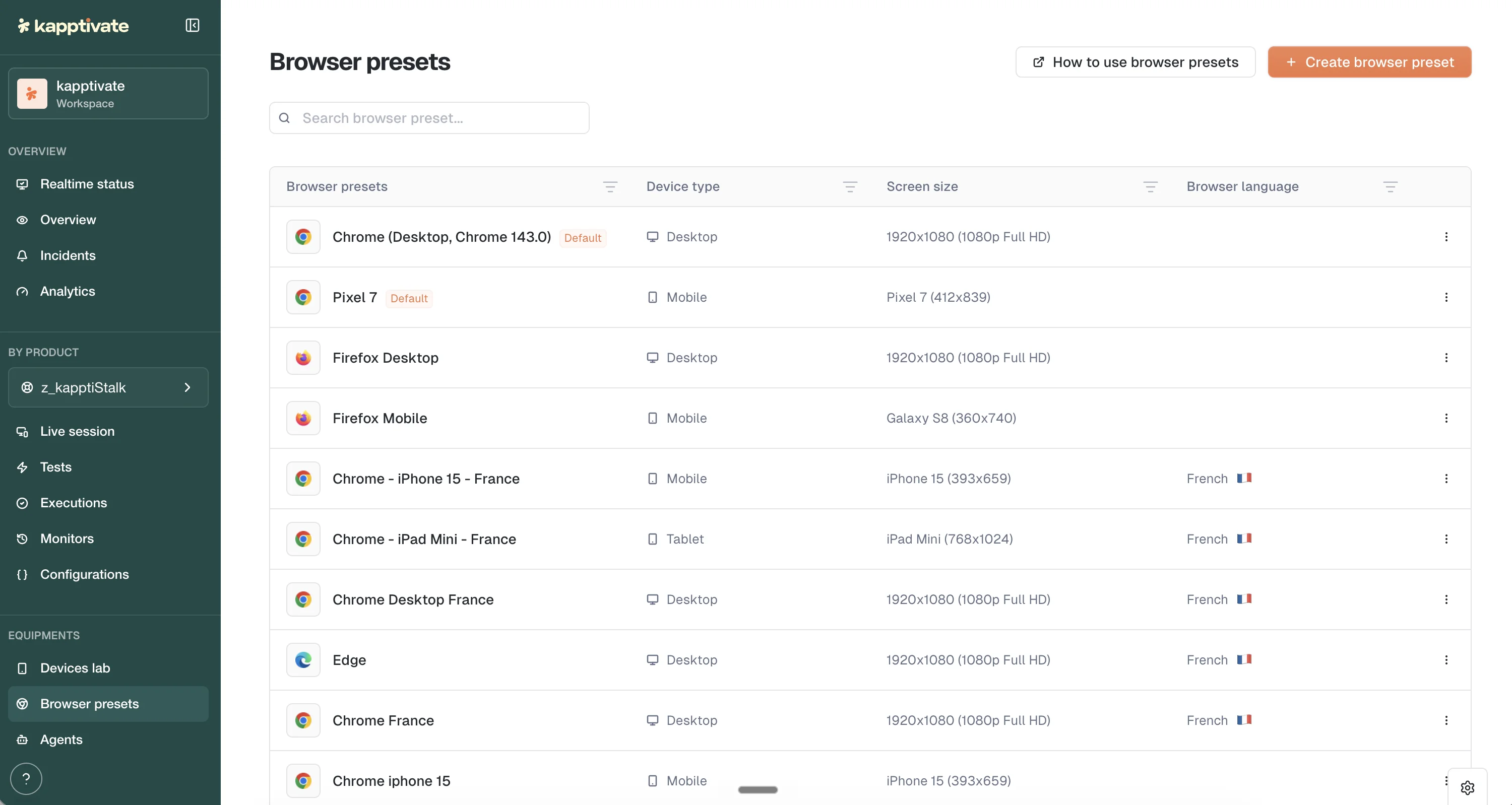 The Browser presets list with device type, screen size, and browser language columns, default Chrome and Pixel 7 presets, and the Create browser preset action