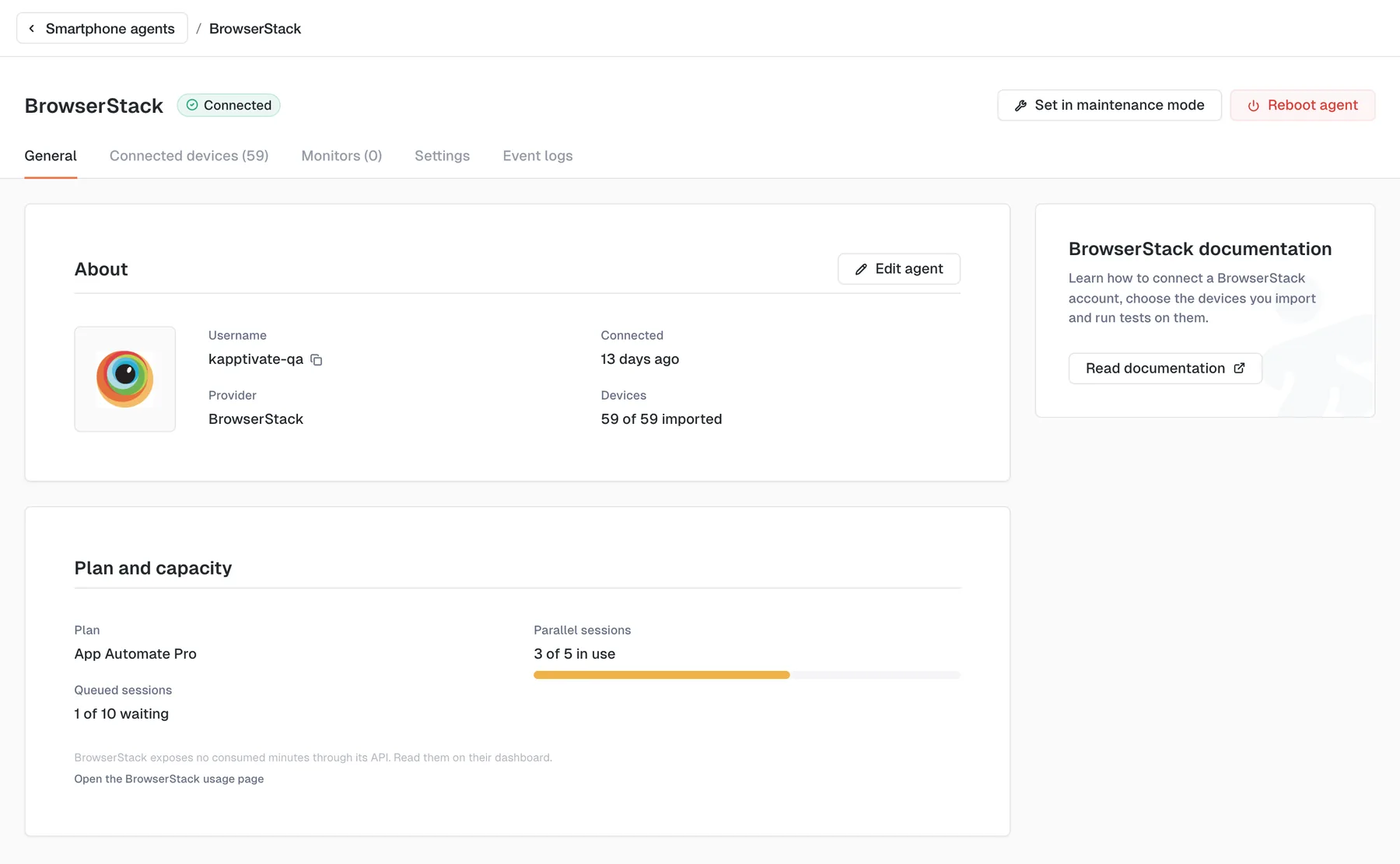 The General tab of a BrowserStack agent: an About panel with the account username, the provider, when it was connected and how many devices it imported, and a Plan and capacity panel with the plan, the parallel sessions in use and the queued sessions