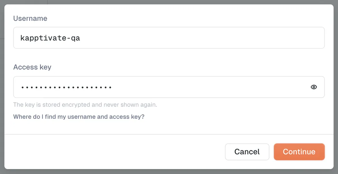 The connection form, with a Username field, a masked Access key field, the note that the key is stored encrypted and never shown again, and a link reading Where do I find my username and access key