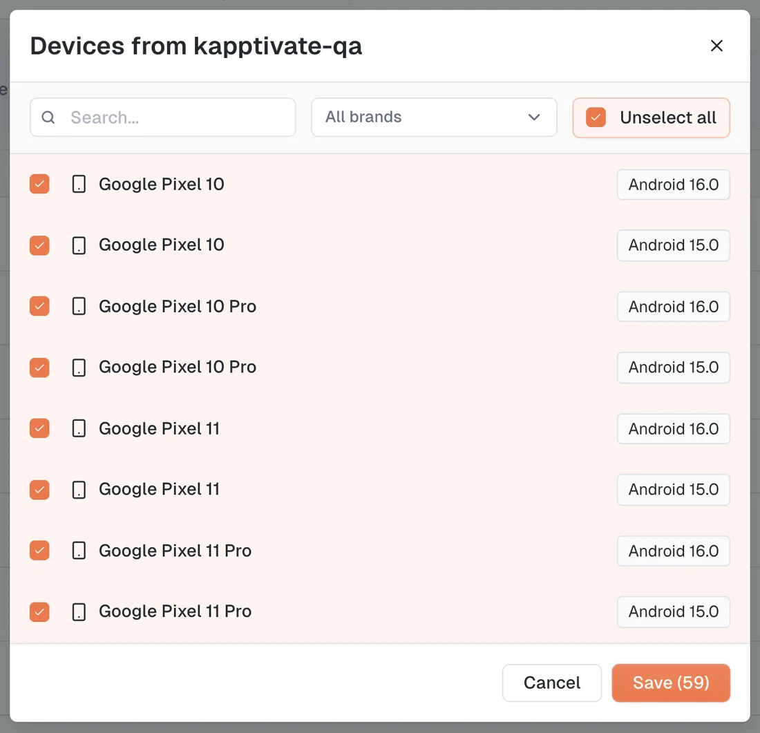 The device picker, with a search field, an All brands filter, an Unselect all button, one row per device with its OS version, and a Save button counting the selection