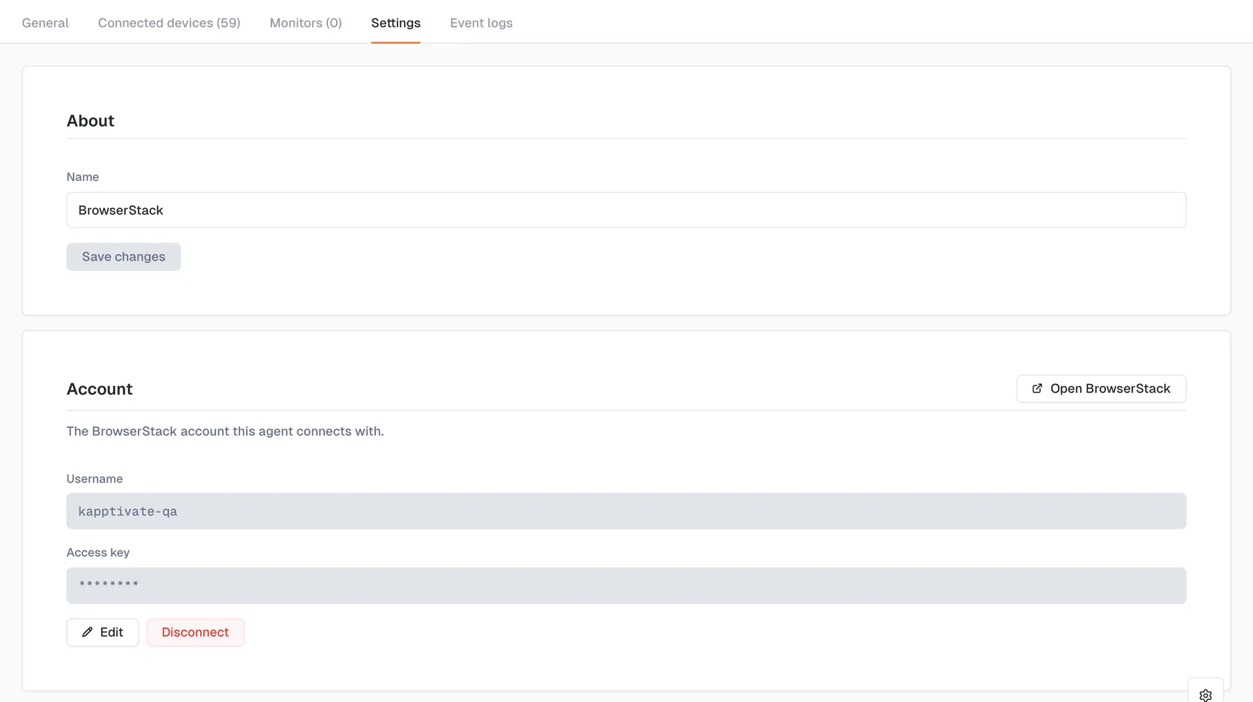 The Settings tab of a BrowserStack agent, with an About panel holding the agent name and an Account panel showing the username, the masked access key, and Edit and Disconnect actions