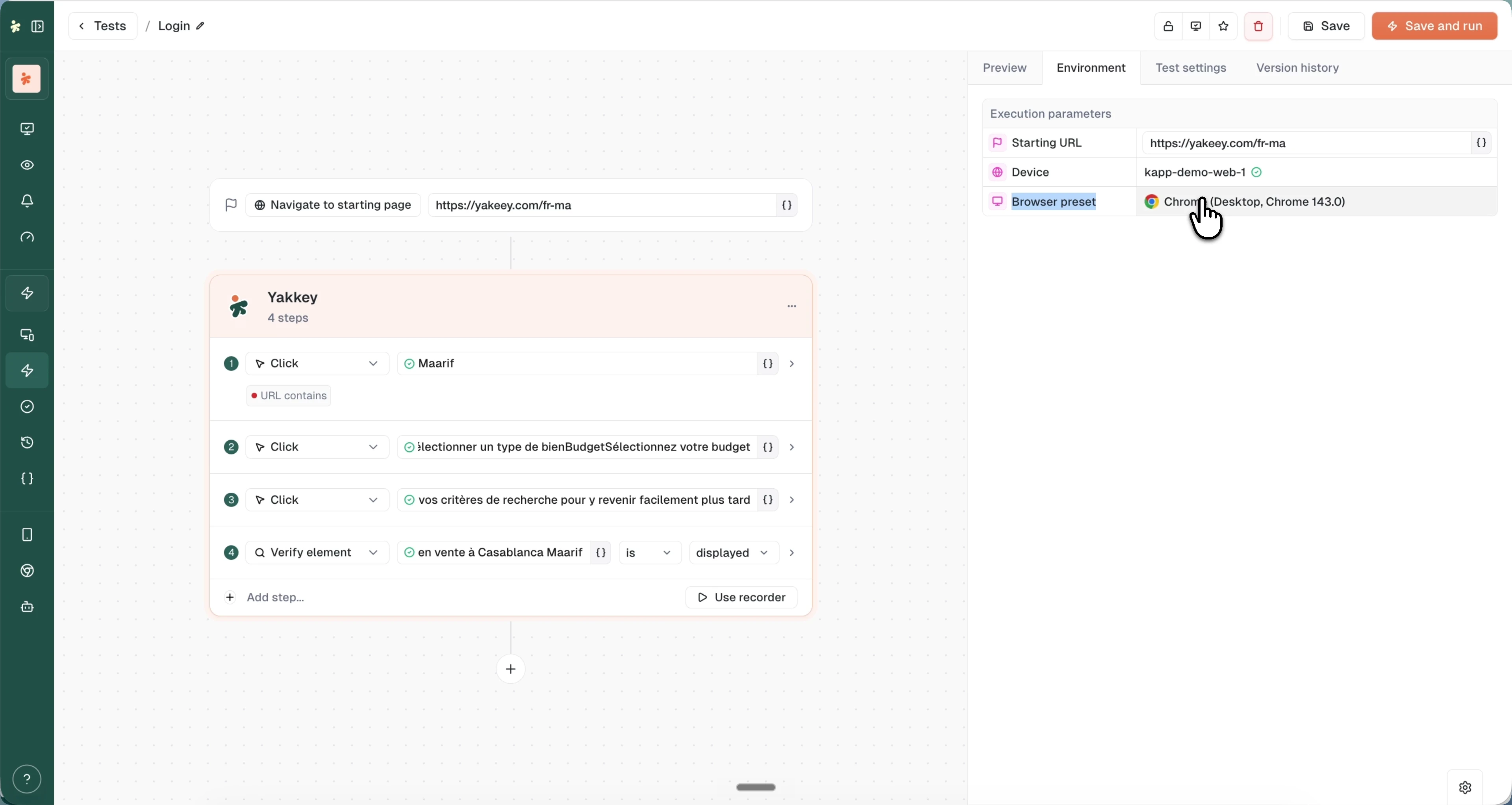 The Environment tab with starting URL, device, and browser preset