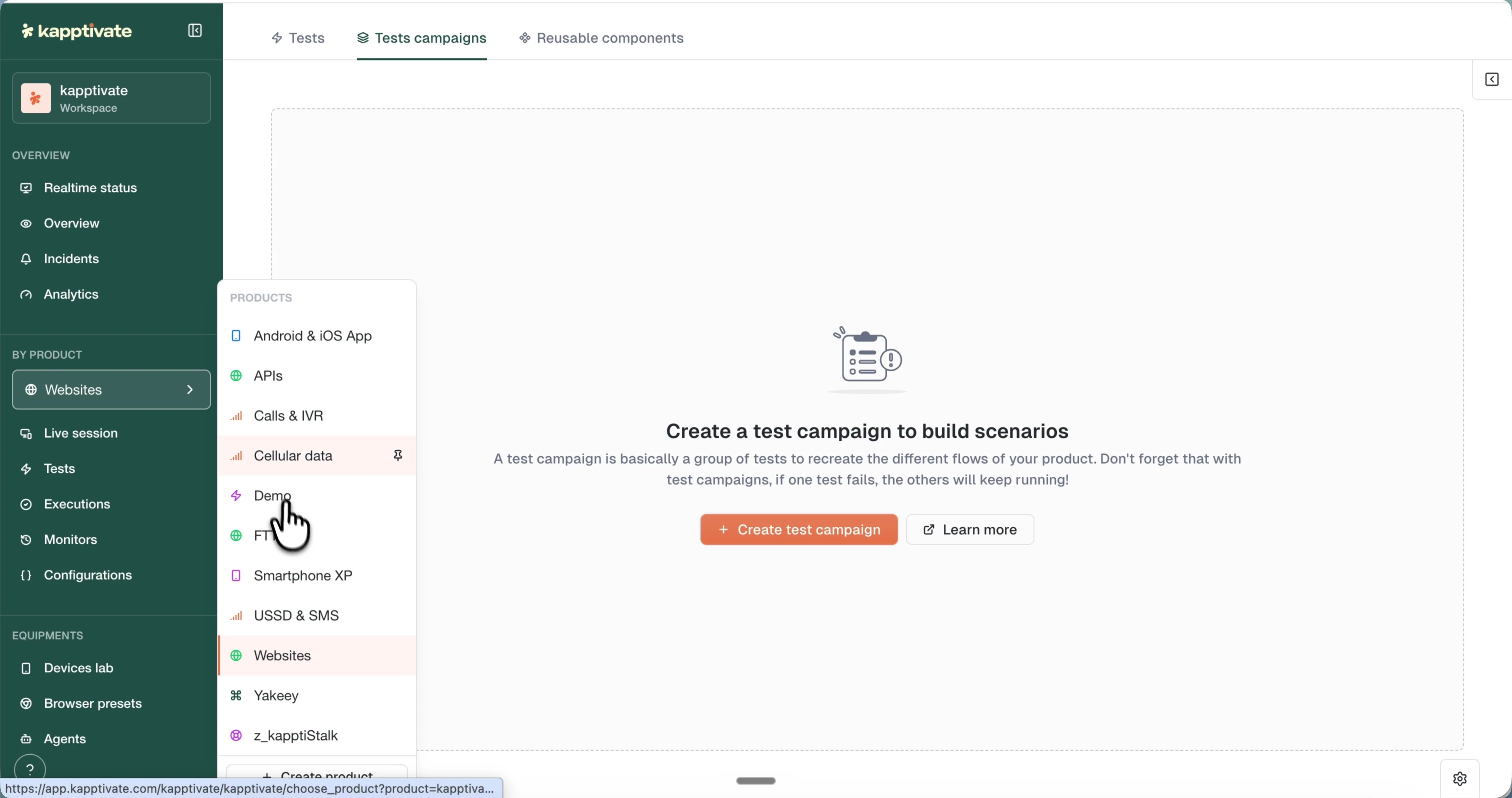 The Tests campaigns tab listing campaigns with their test counts, last update, and creator