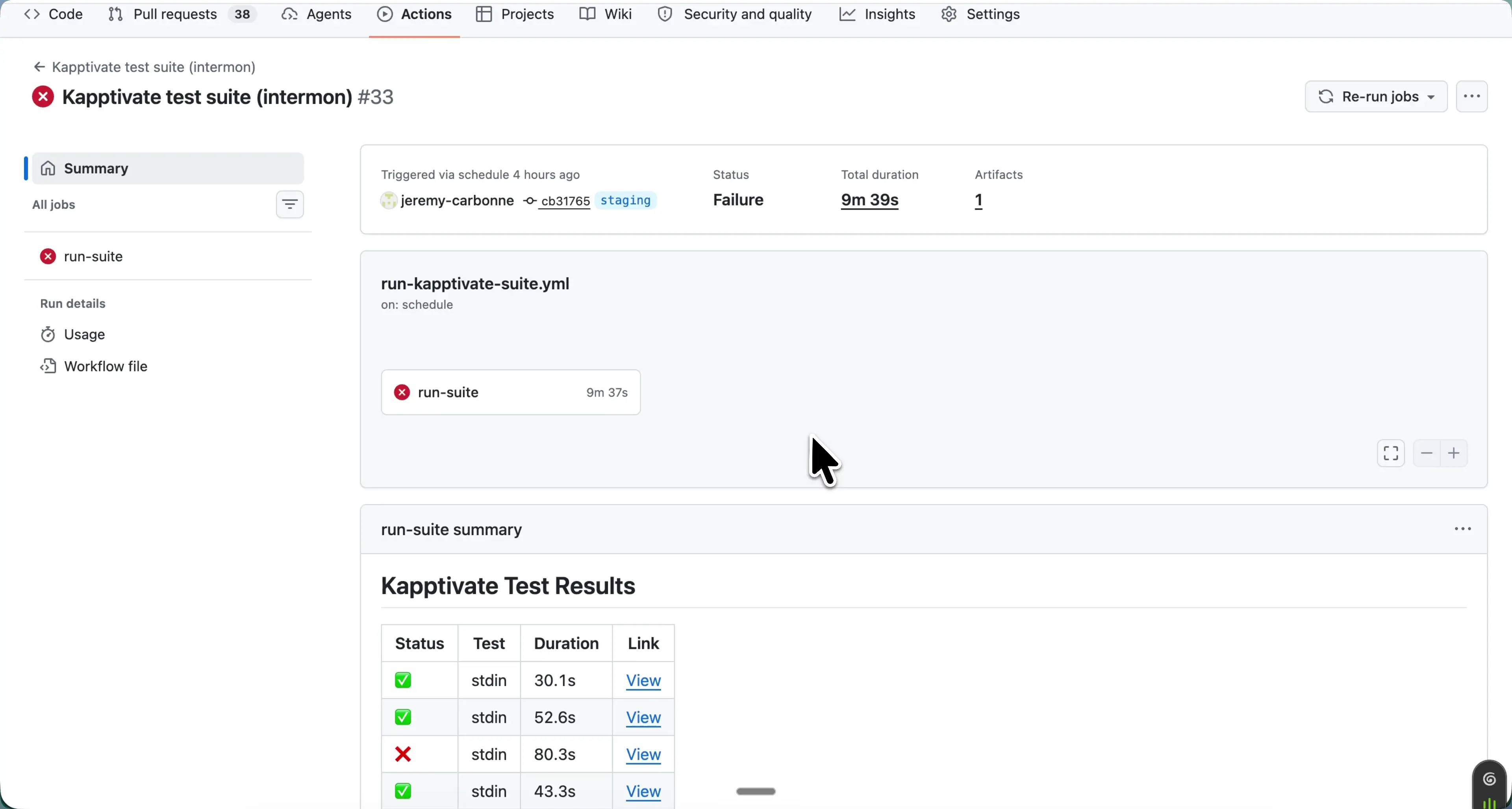 A GitHub Actions run with the Kapptivate Test Results summary table and its View deep links