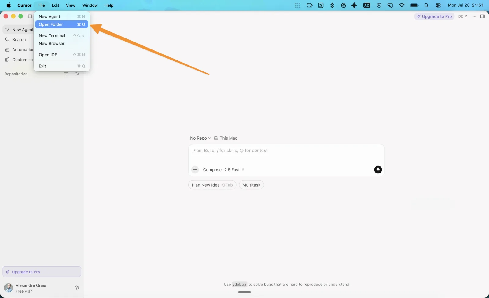 Cursor File menu with Open Folder highlighted