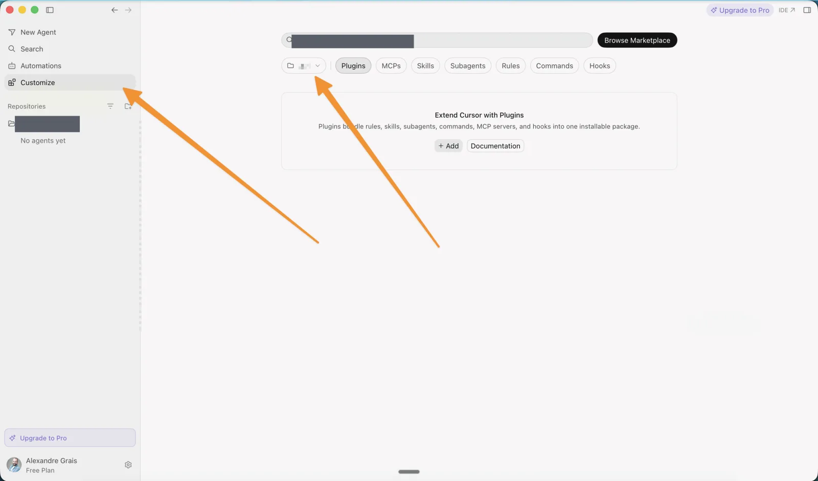 Cursor Customize panel with the MCPs tab