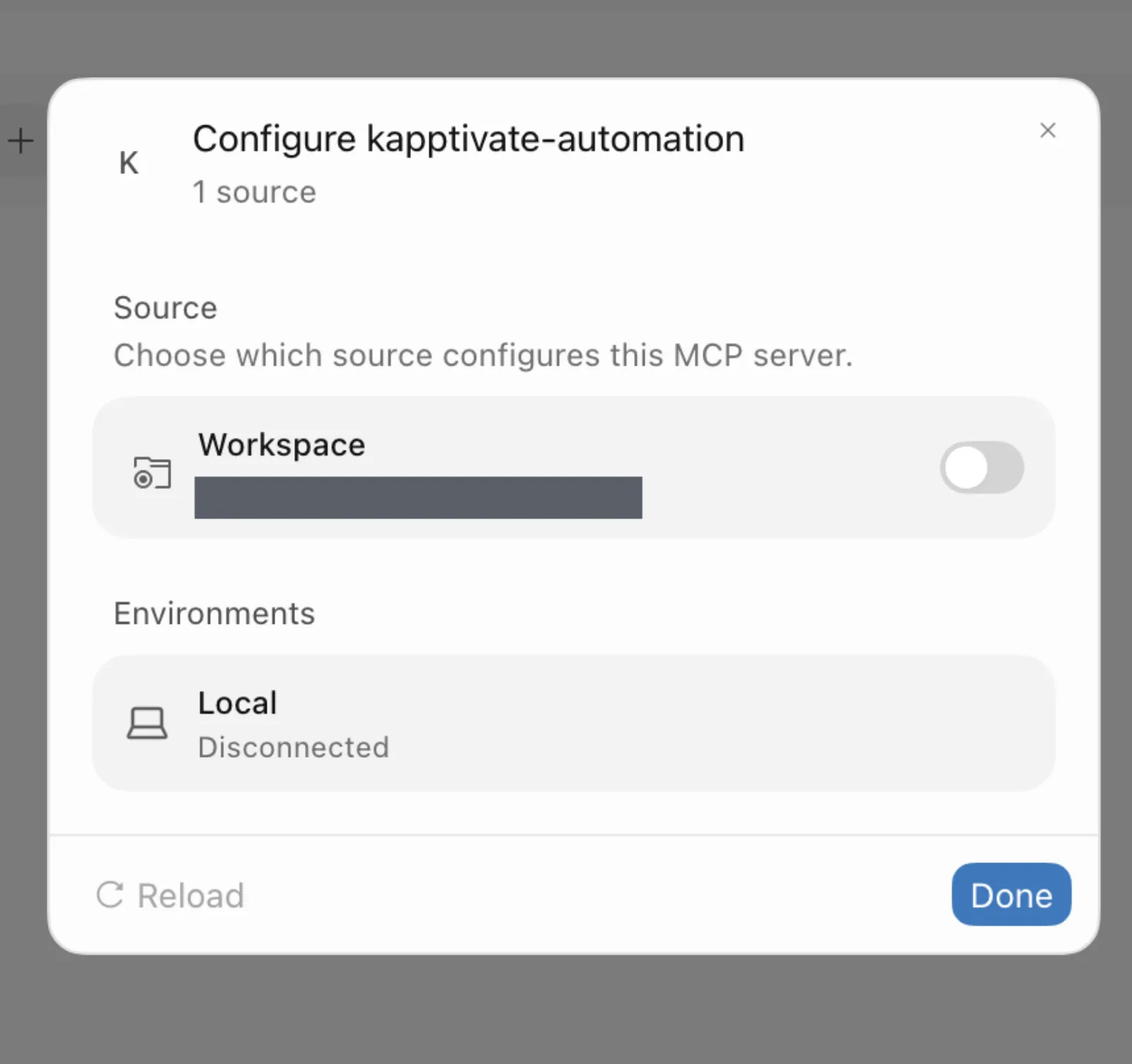 Configure dialog with the Workspace source turned off