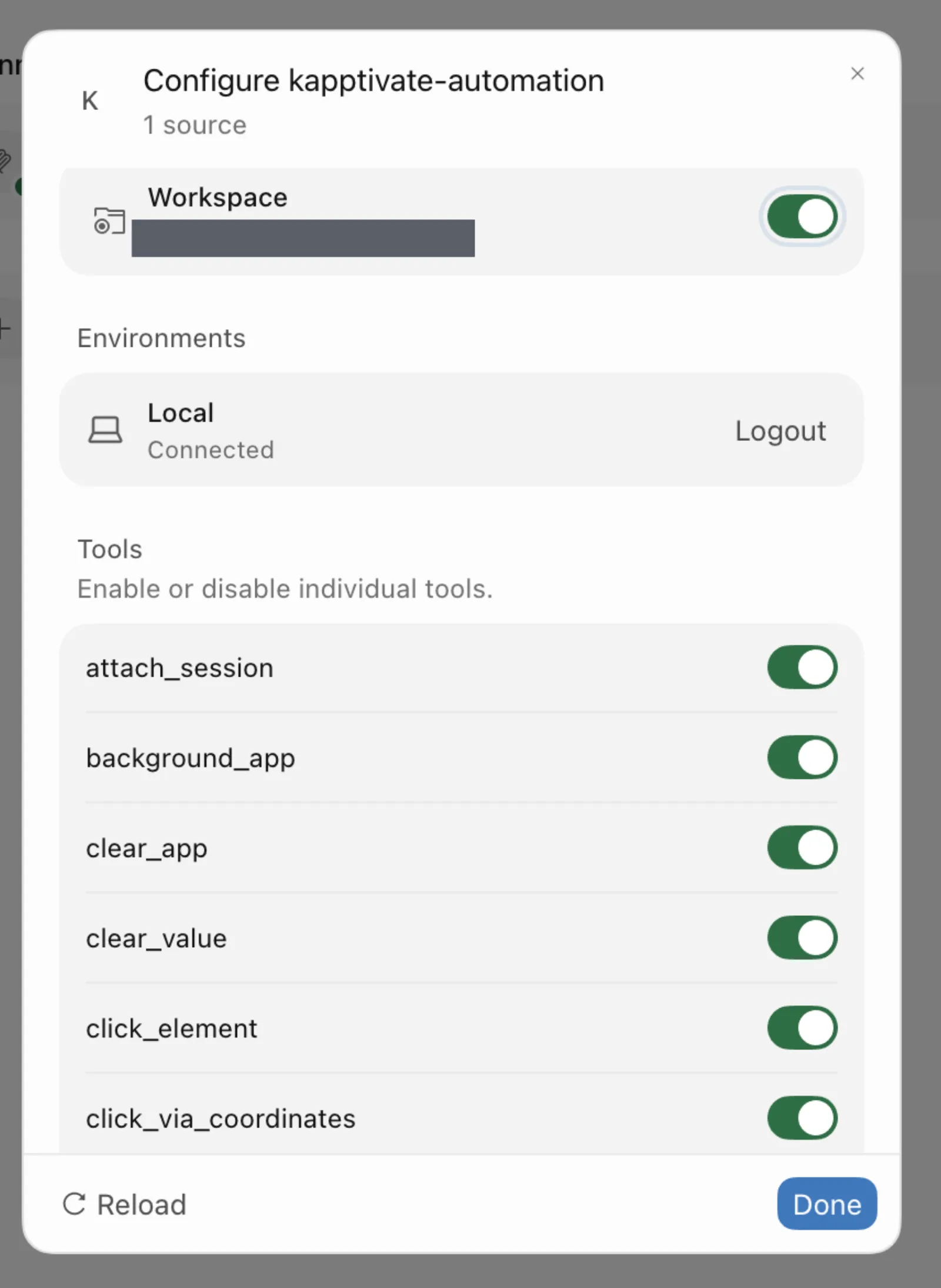 Configure dialog showing Connected and enabled tools