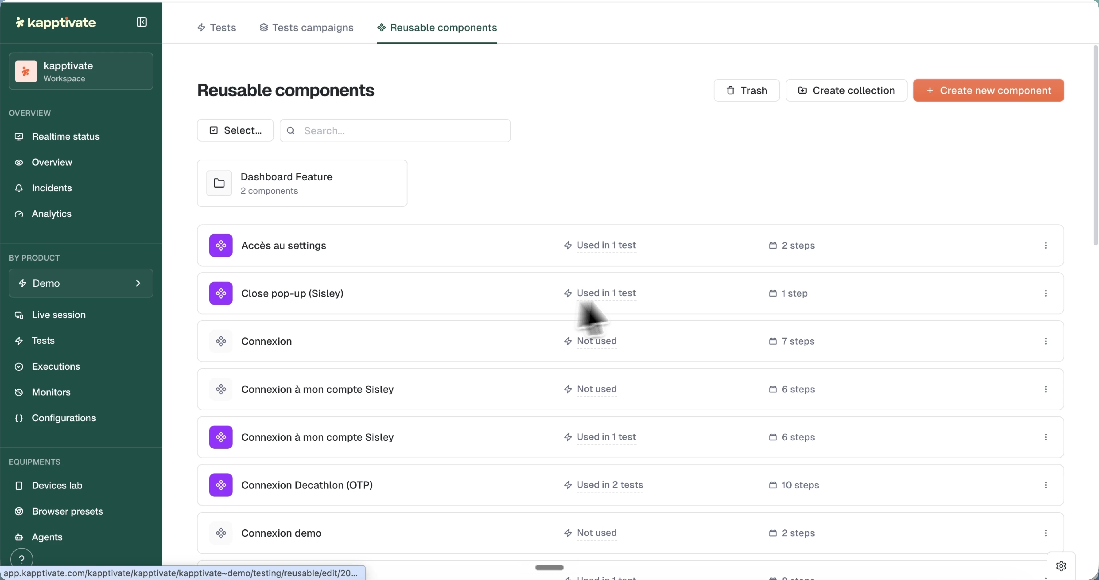 The Reusable components tab with usage chips, step counts, and color-coded connection icons