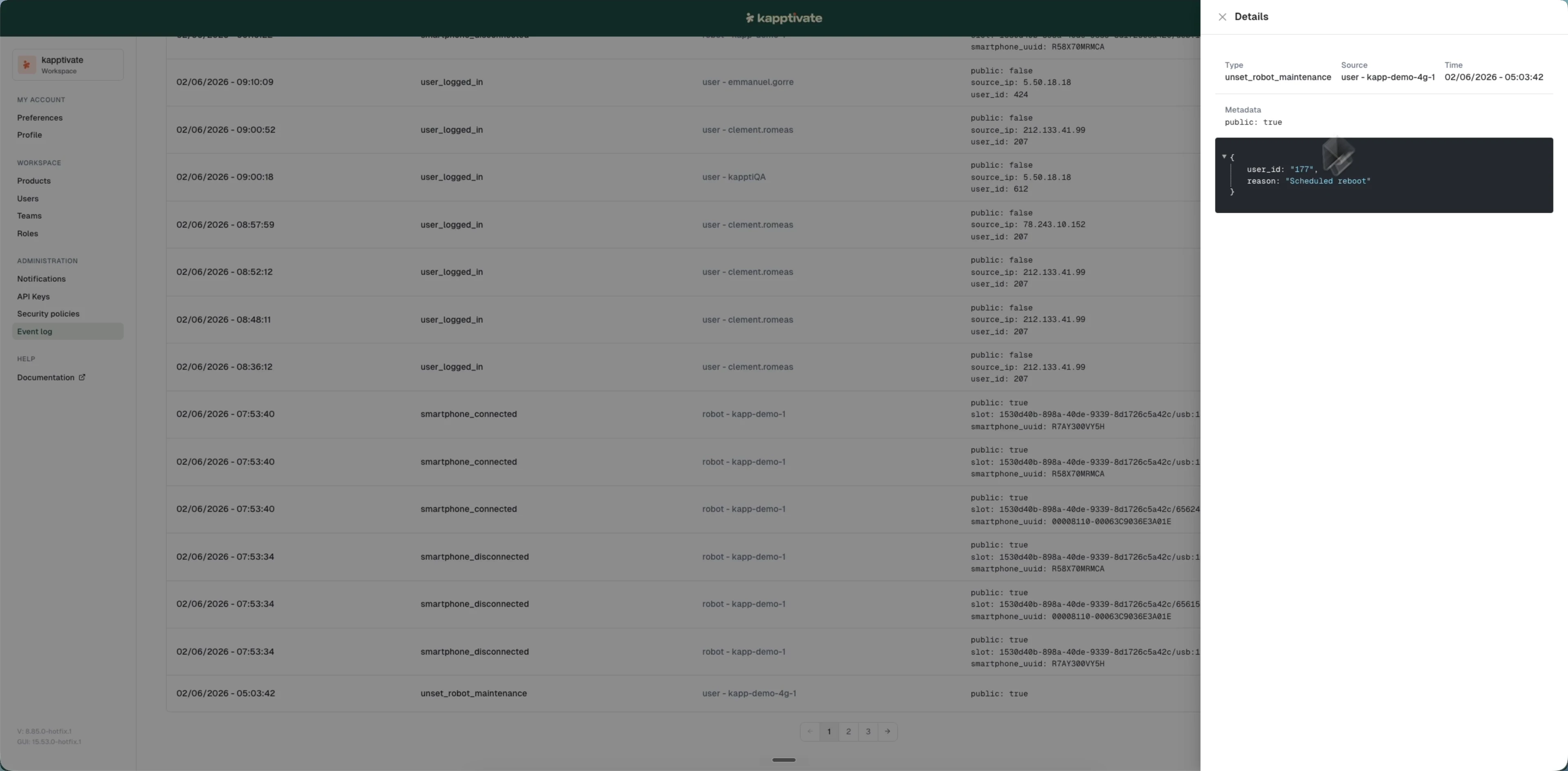 The Details panel showing an event's type, source, time, and JSON metadata