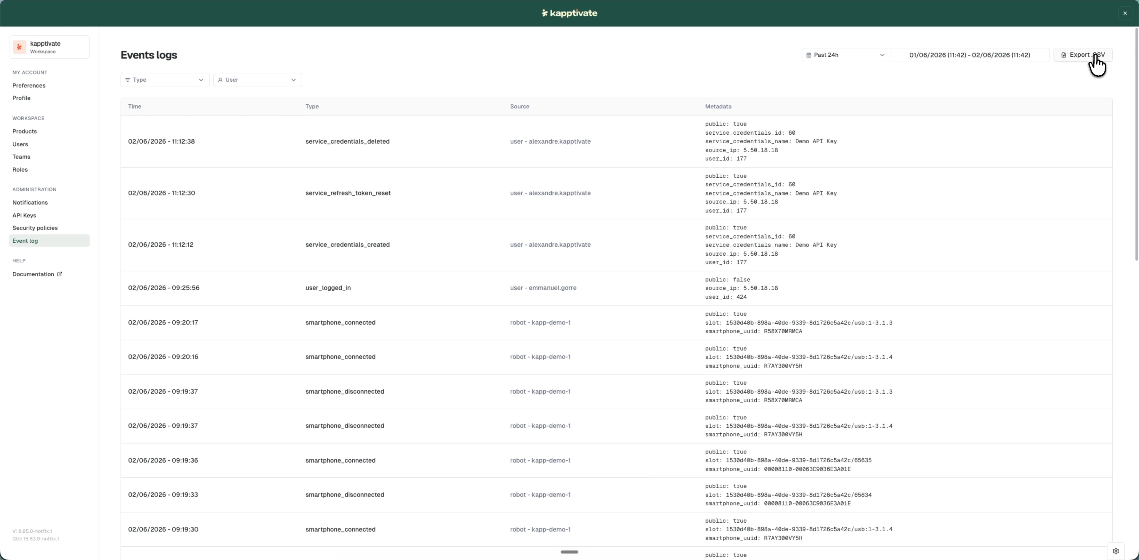 The Export CSV button at the top right of the event log