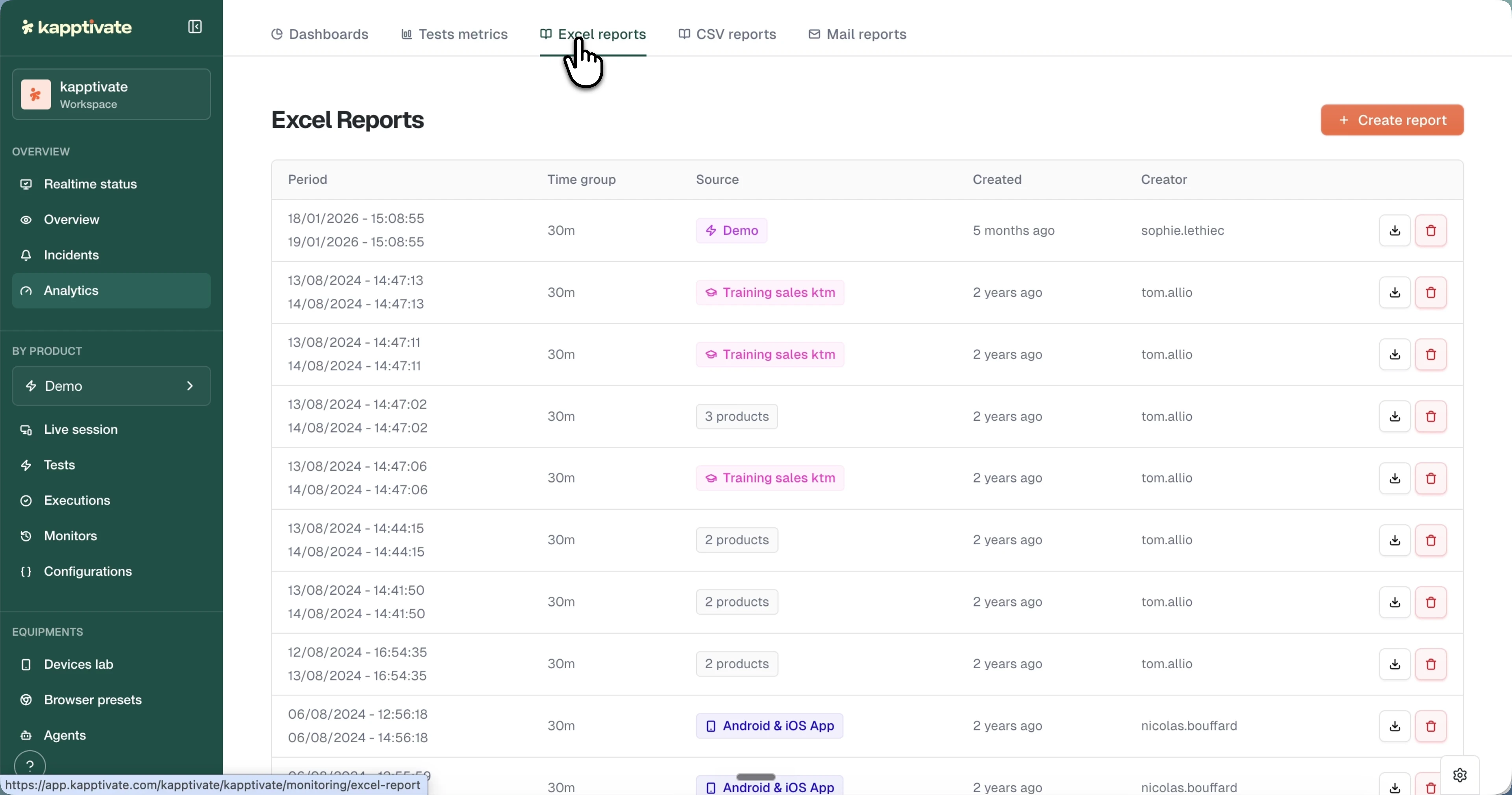 The Excel reports tab listing generated exports with their period, time group, source, and download and delete actions