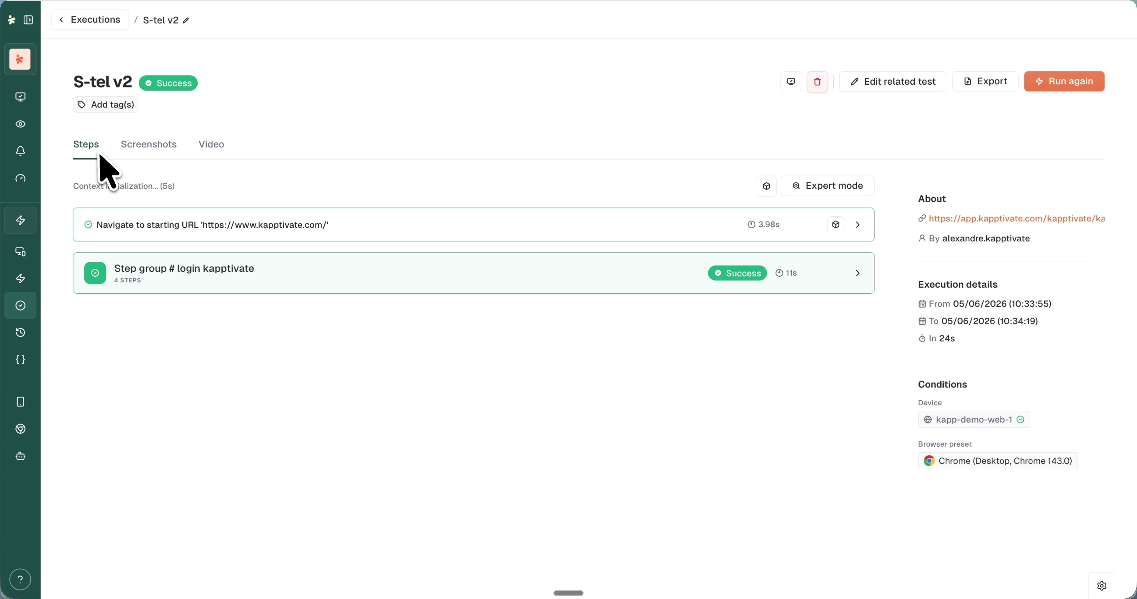 An execution result with the Steps, Screenshots, and Video tabs, top-right actions, and the metadata sidebar
