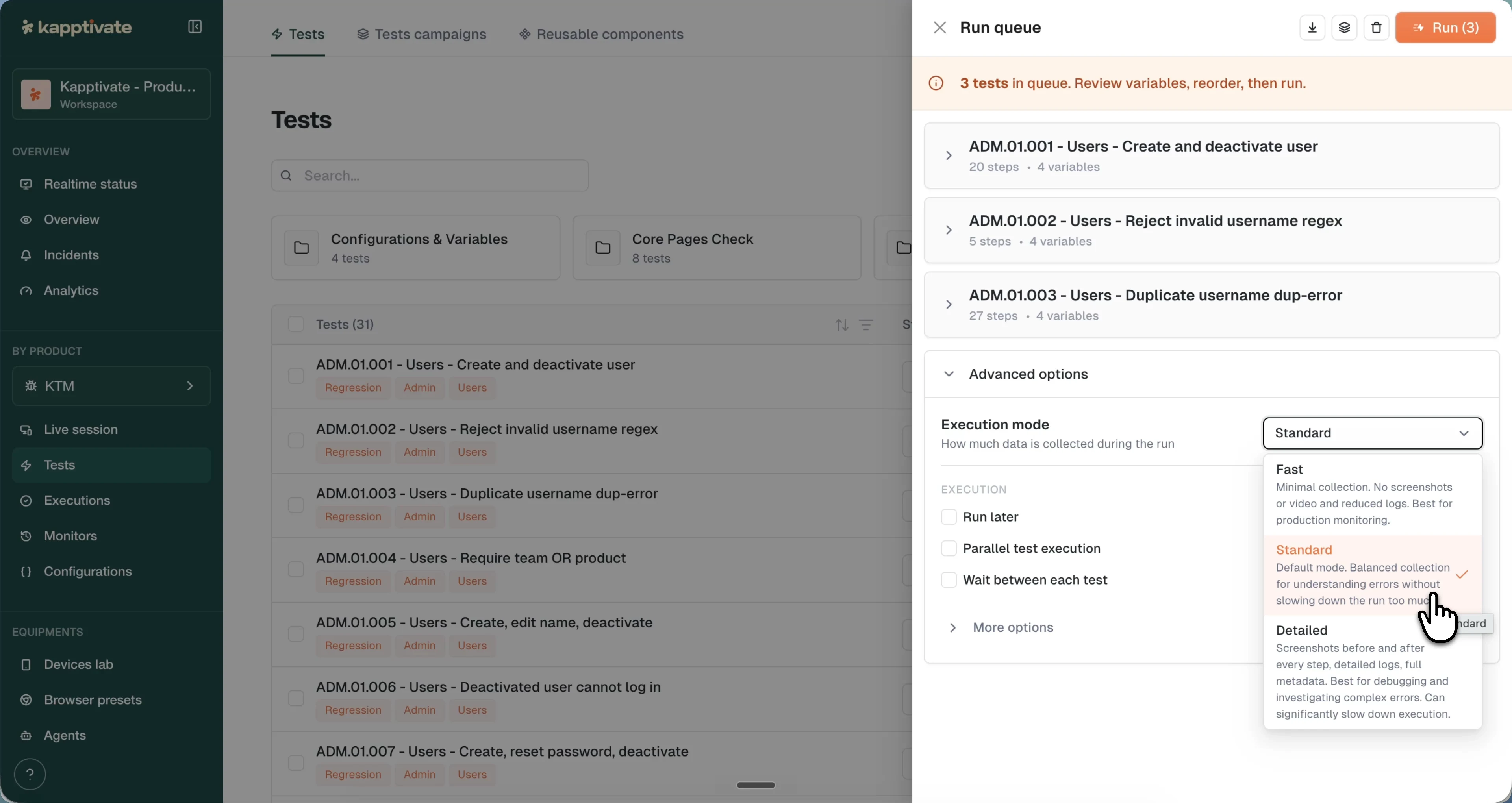 The Run queue Advanced options with the Execution mode dropdown open on Fast, Standard, and Detailed