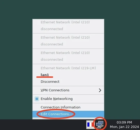 The network menu open on the Edit Connections entry