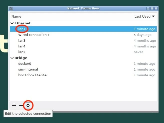 The connection list with lan1 selected