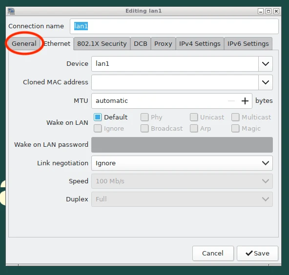 The General tab of the connection editor