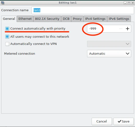 Connect automatically with priority set to -999