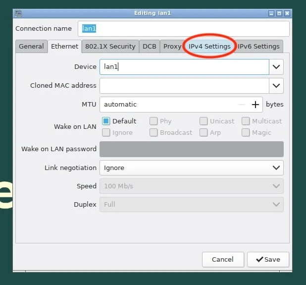 The IPv4 Settings tab