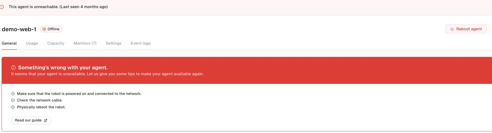 The details page of robot demo-web-1, showing the Offline status, the last seen banner, and the reboot button