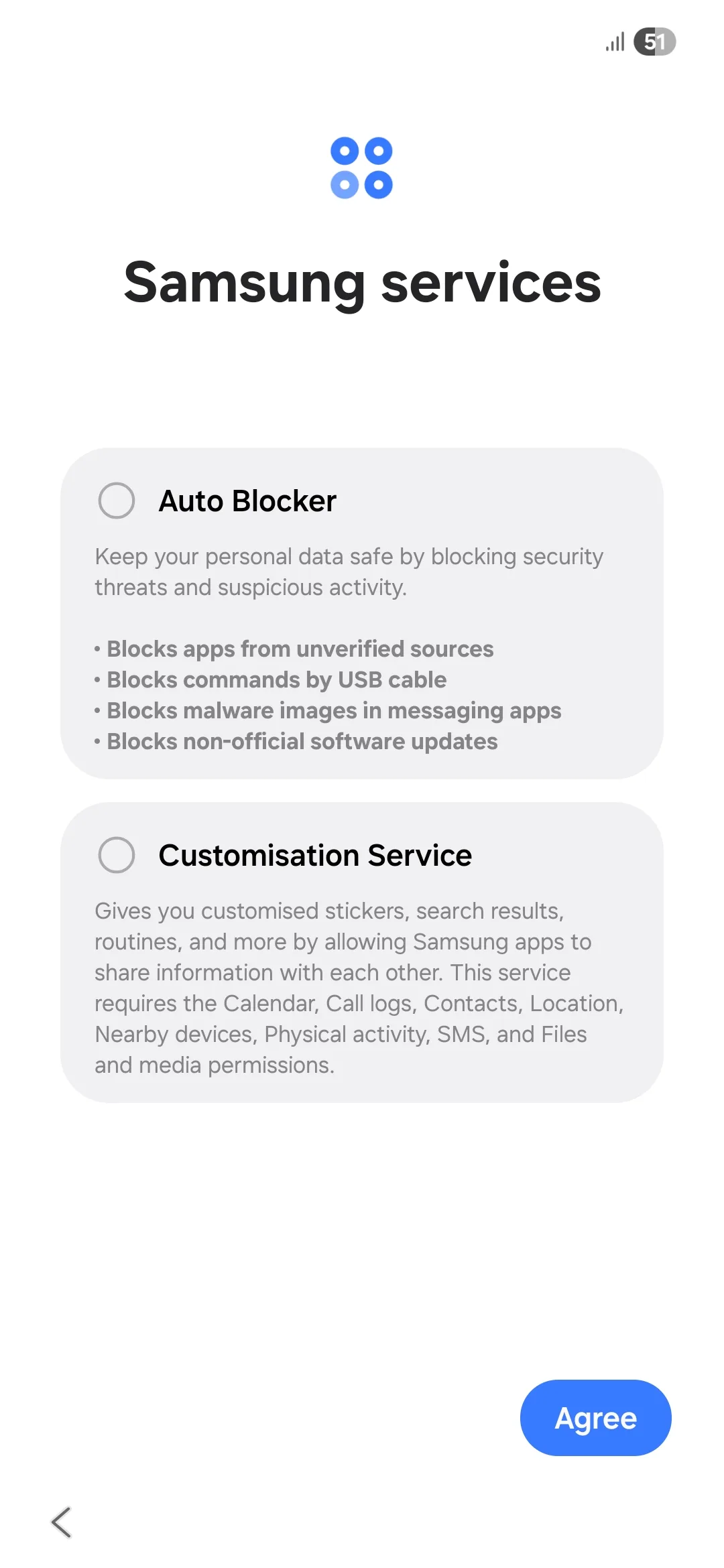 The Samsung services setup screen, the Auto Blocker box unticked