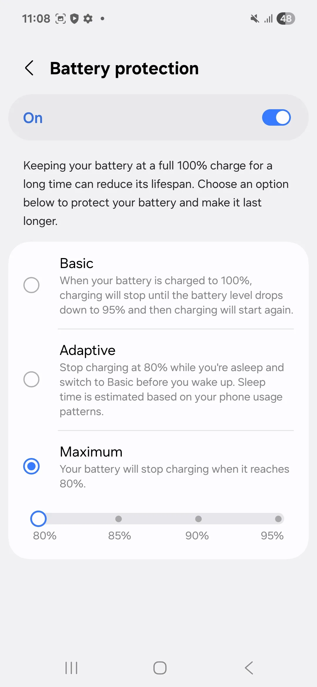 The Battery protection screen, switched on, with Maximum selected and the slider on 80%
