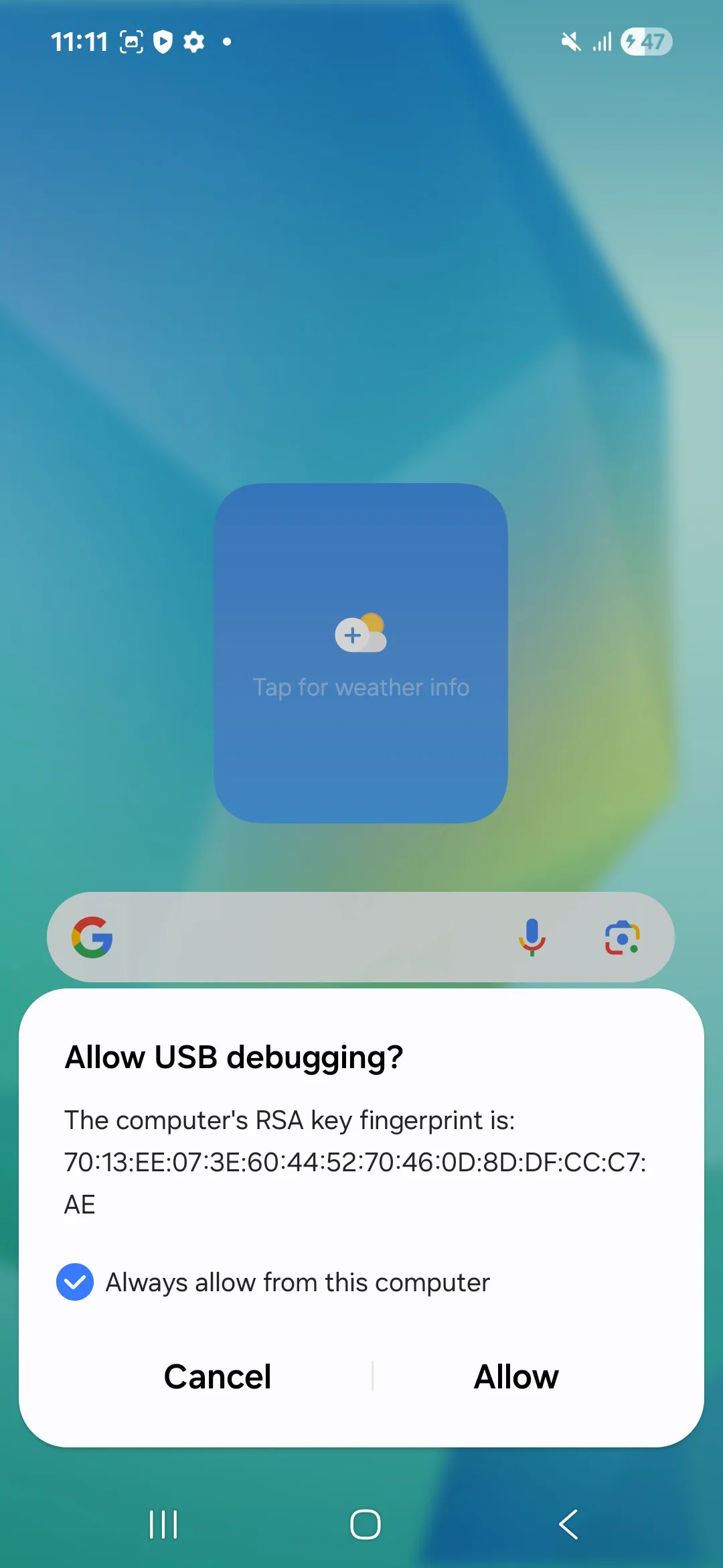 The USB debugging authorization popup, the Always allow from this computer box ticked