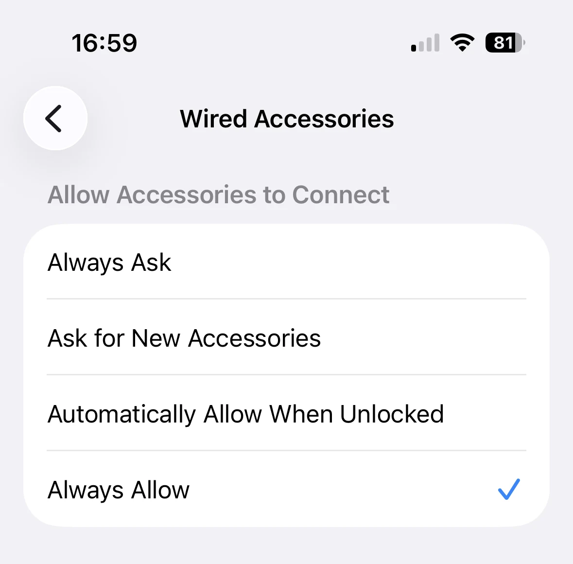 The Wired Accessories screen with Always Allow selected