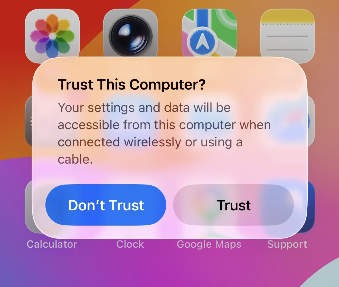 The popup asking whether to trust the computer, with the Trust option