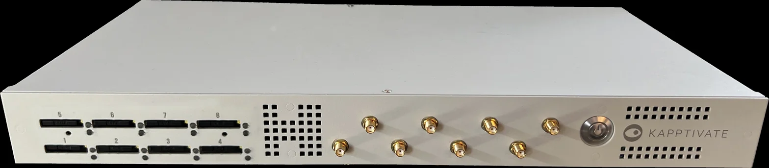 The front panel of a white Kapptivate robot, with eight numbered SIM slots and its antenna connectors