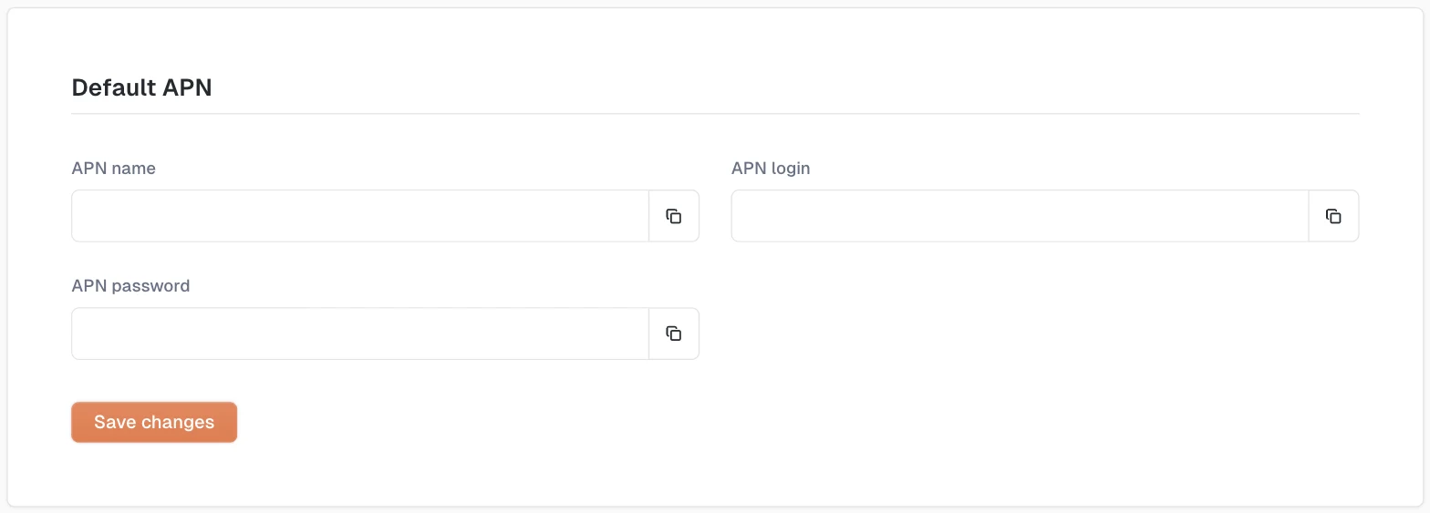 The Default APN section with APN name, APN login, and APN password fields and a Save changes button