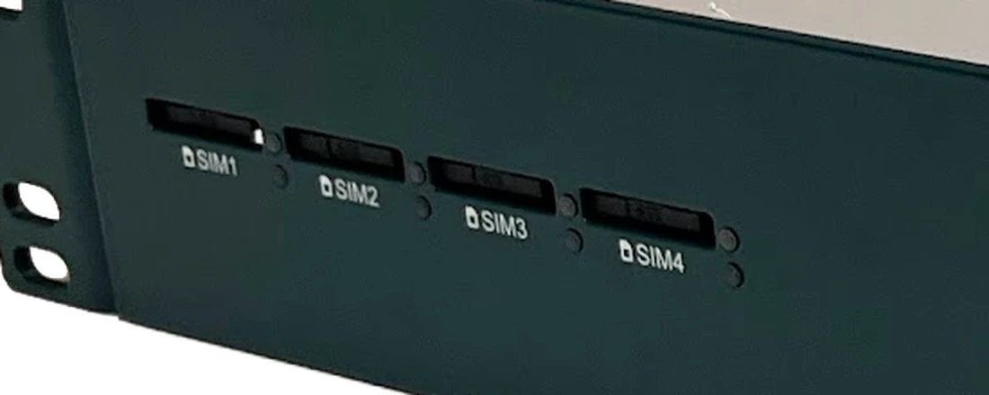 The front panel of a 4G cellular robot, with its four SIM slots in a row, each printed SIM1, SIM2, SIM3, and SIM4 and followed by two indicator lights