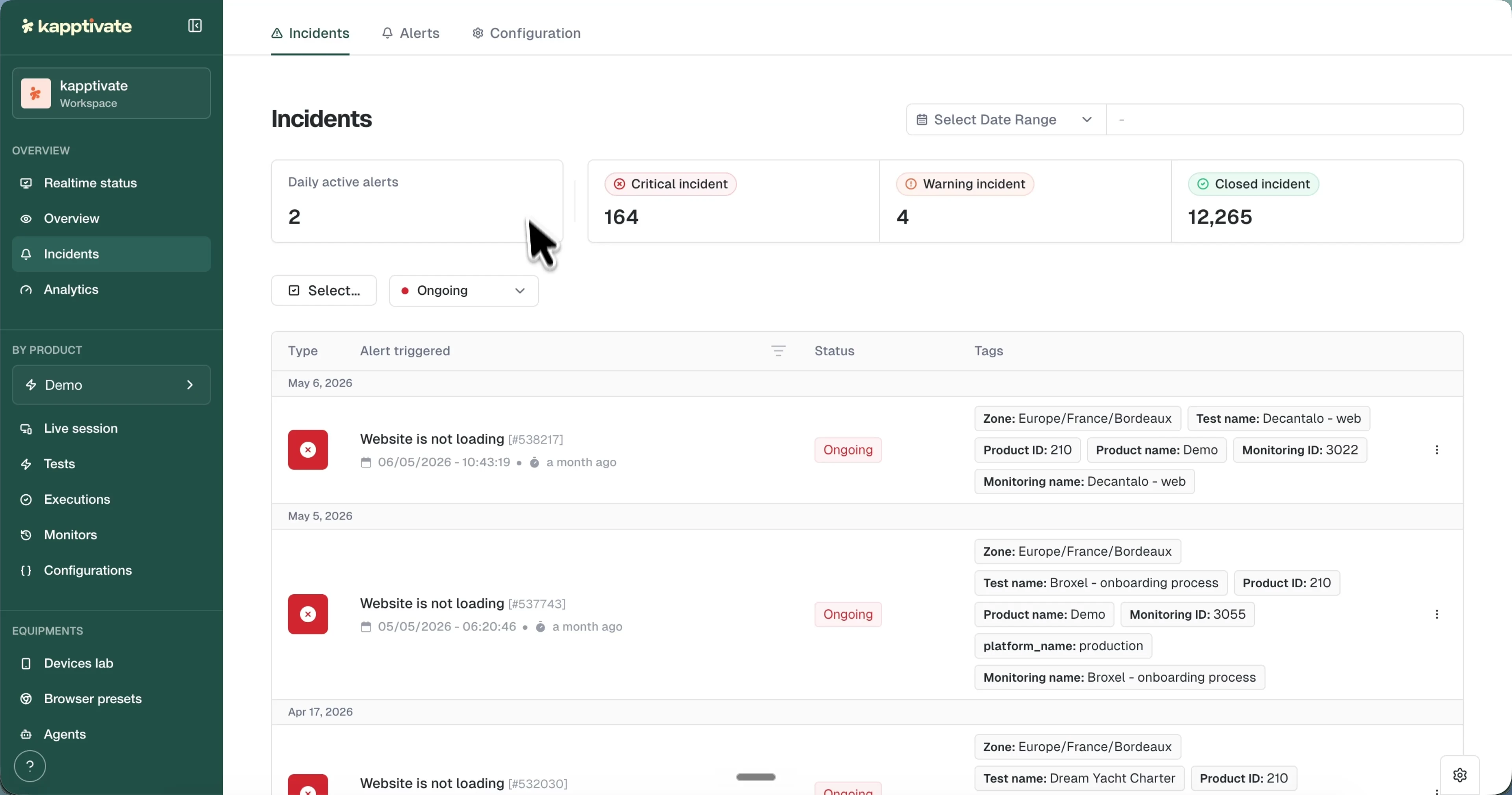 The Incidents page with counter cards, the status filter set to Ongoing, and the incident list grouped by day