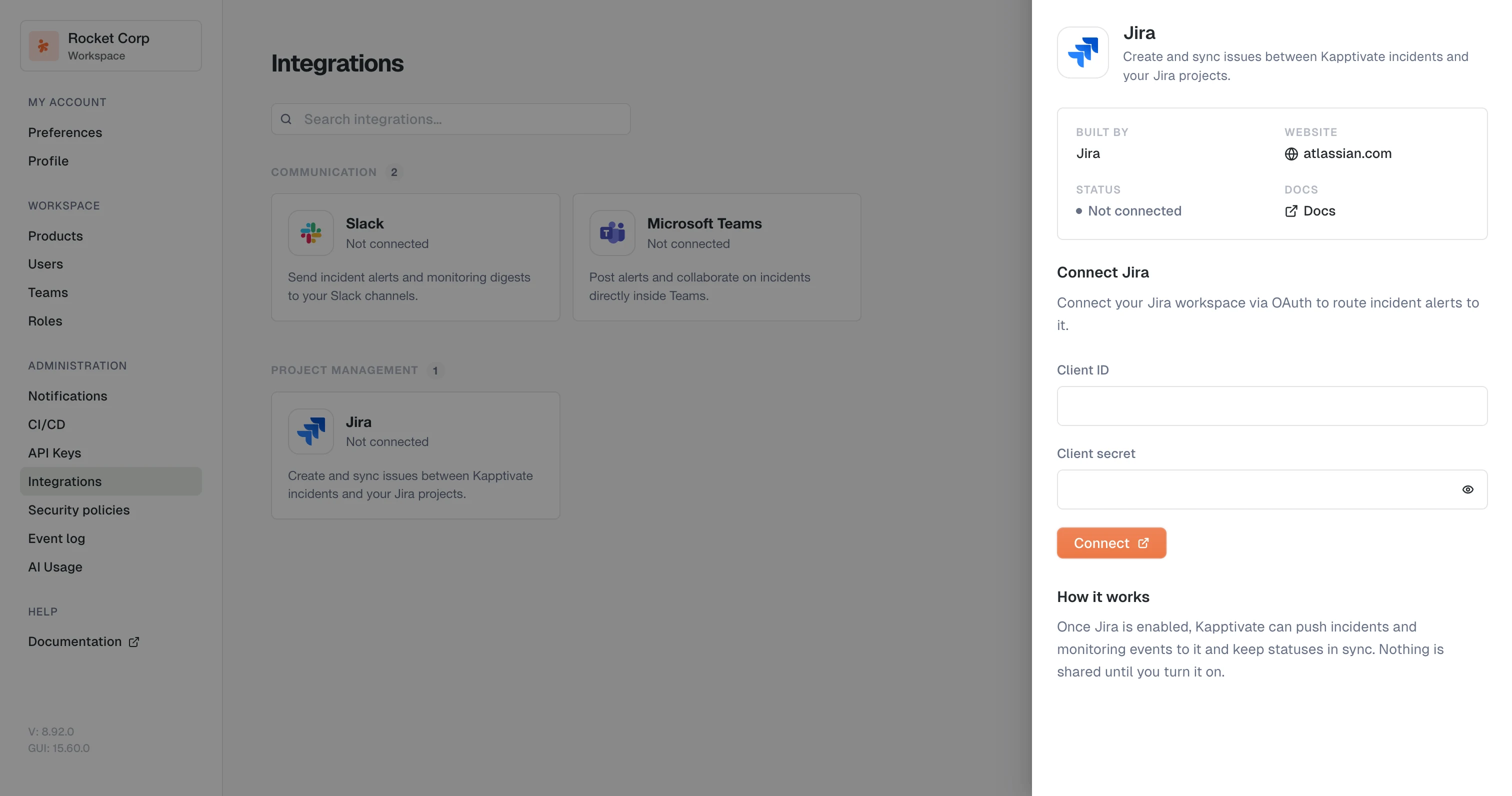 The Jira panel open on the Integrations page, with the Client ID and Client secret fields