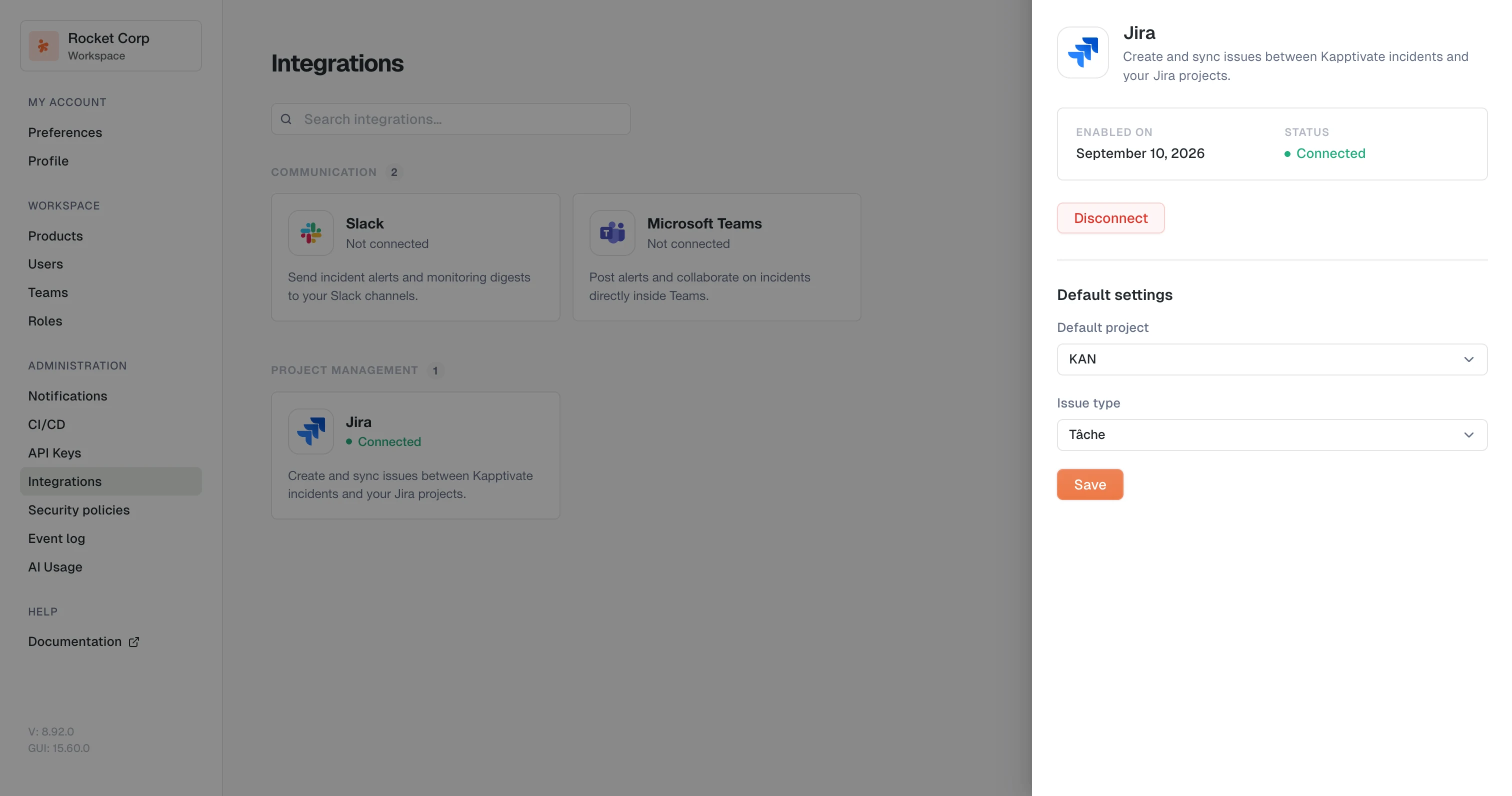 The connected Jira panel, with the default project, the issue type and the Save button