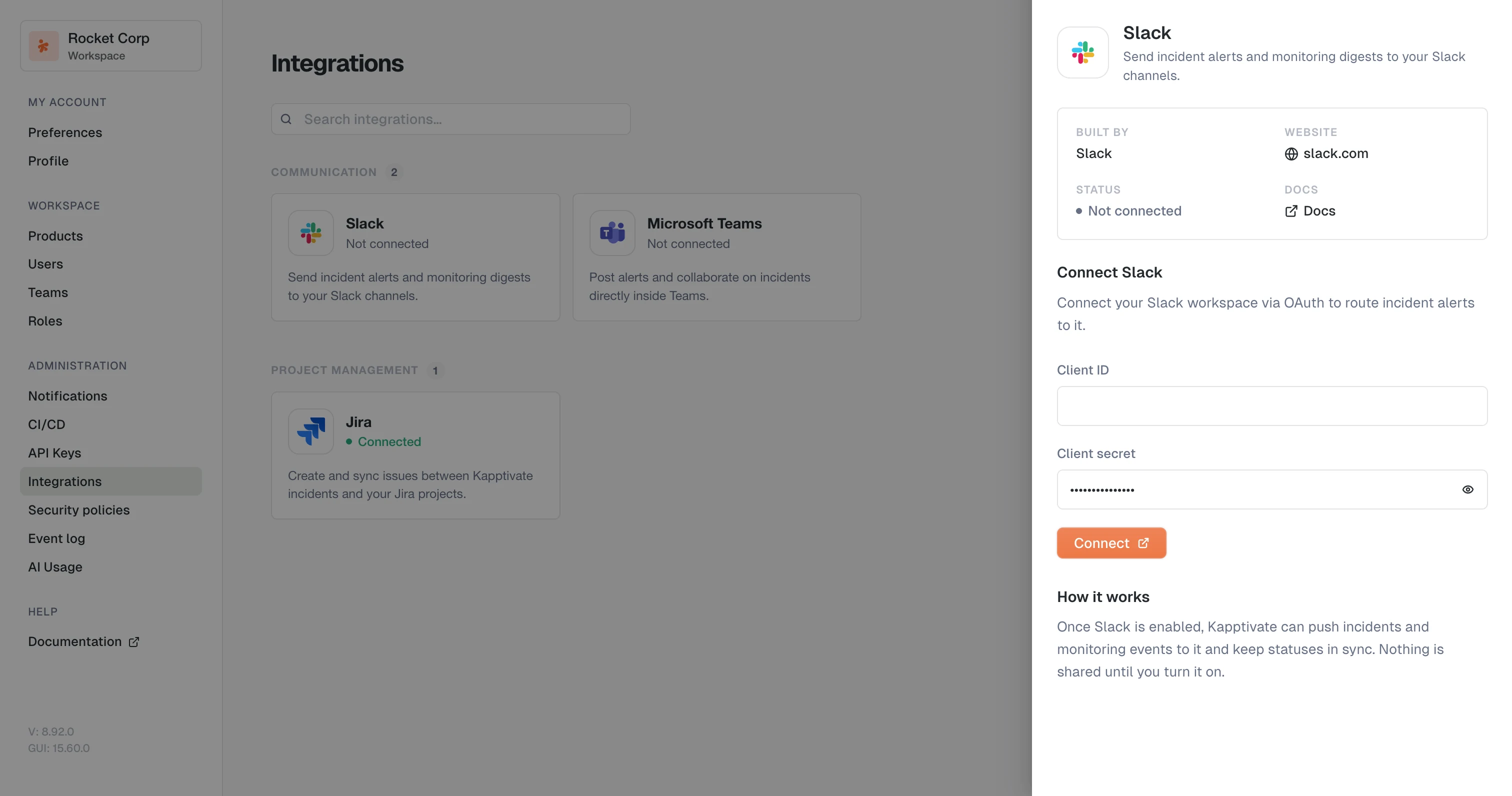 The Slack panel open on the Integrations page, with the Client ID and Client secret fields