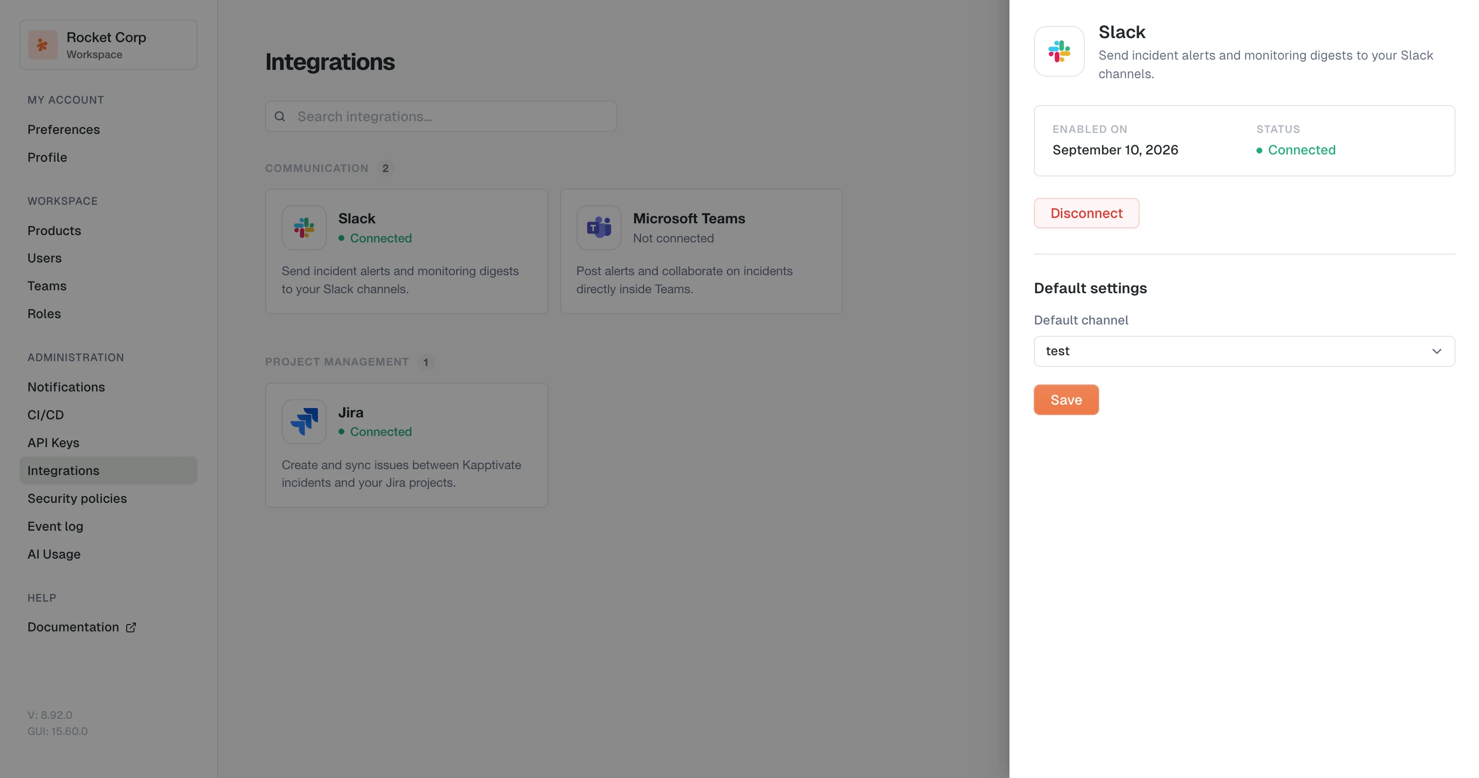 The connected Slack panel, with the default channel and the Save button