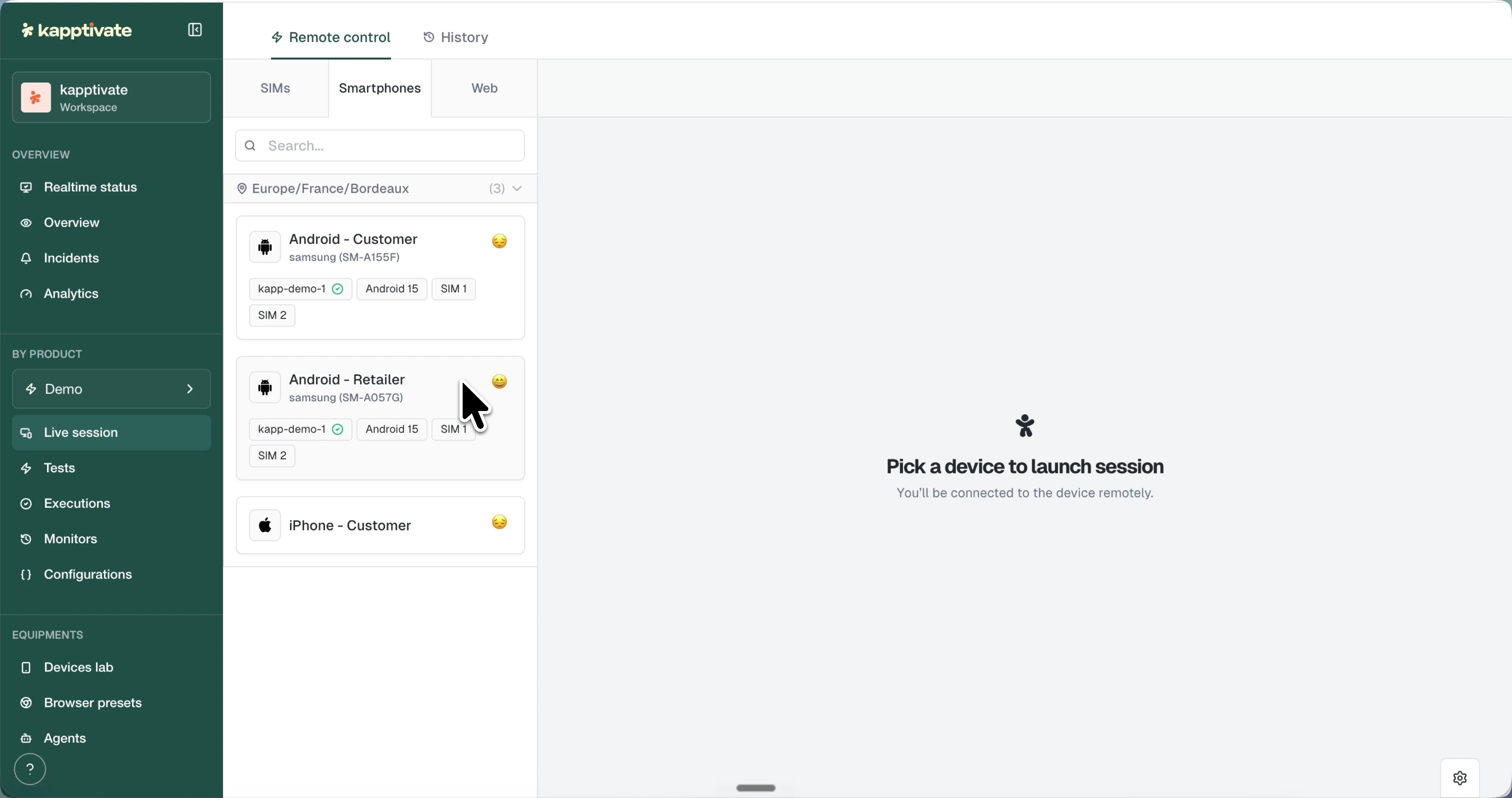 The live session device picker with the Remote control and History tabs, the SIMs, Smartphones, and Web categories, and the available device cards