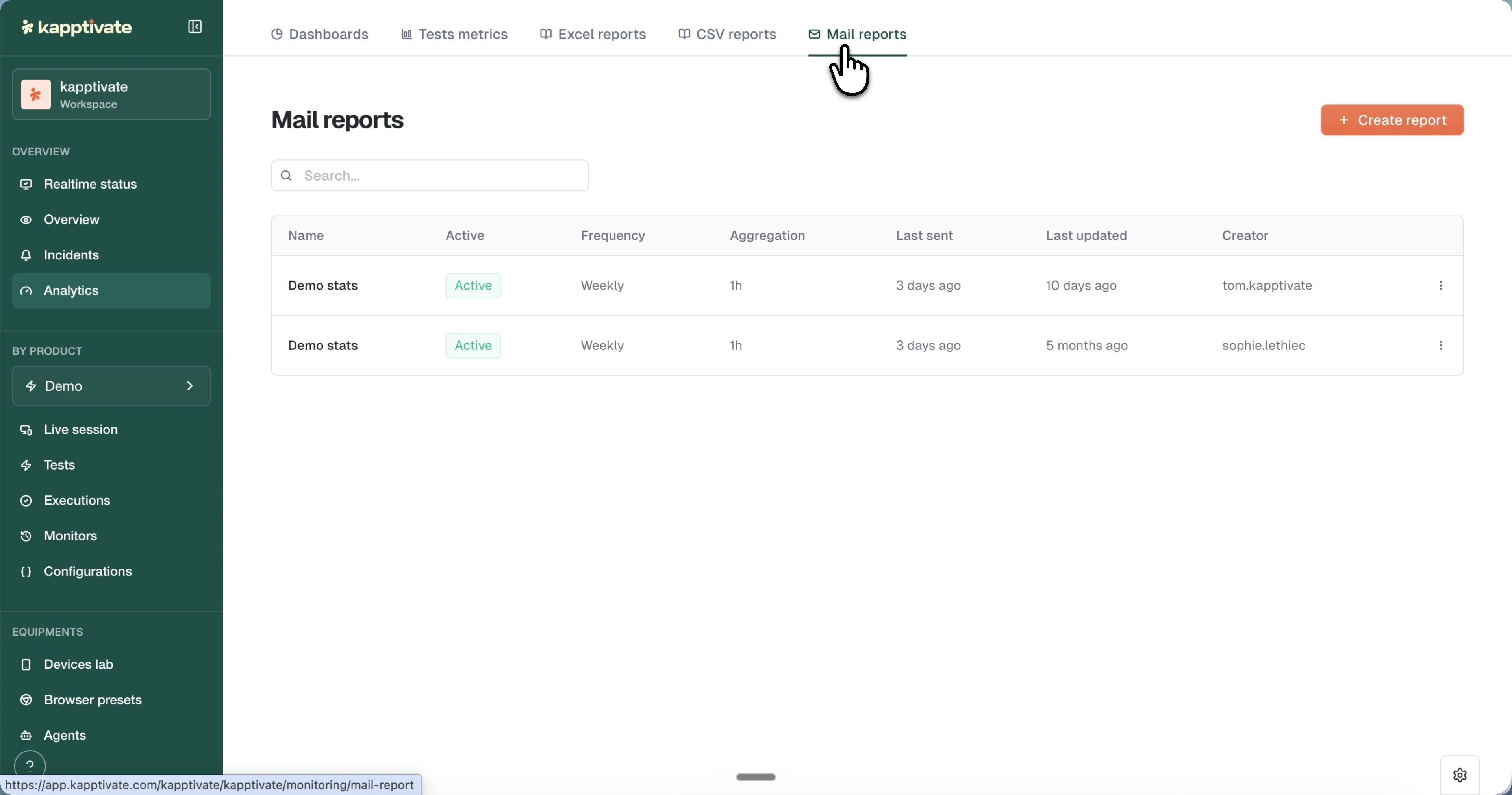 The Mail reports tab listing scheduled reports with their status, frequency, aggregation, and last sent time
