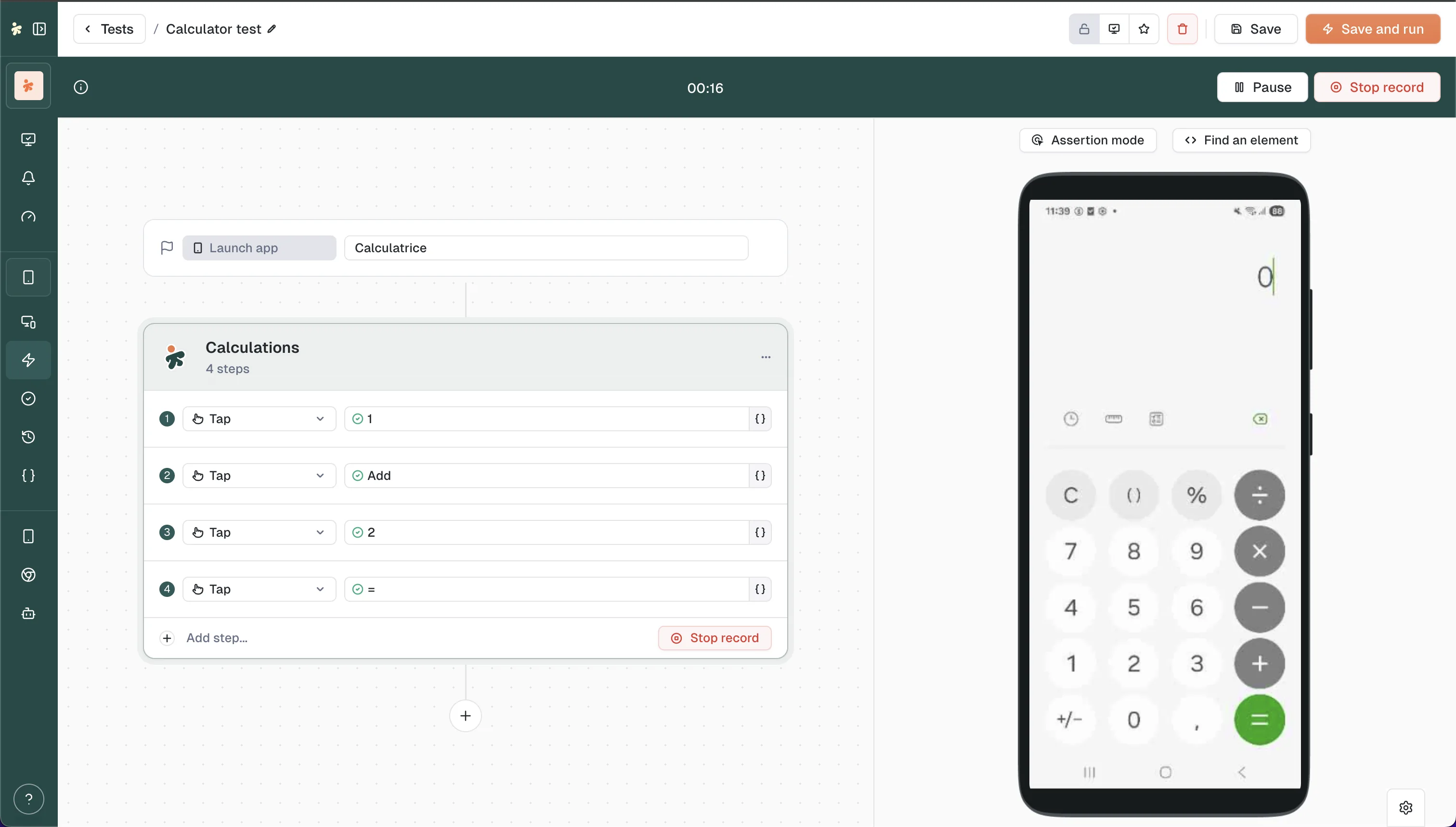 The smartphone recorder mid-session: the recording banner with its timer, Pause and Stop record, the step canvas on the left, and the device with Assertion mode and Find an element above it