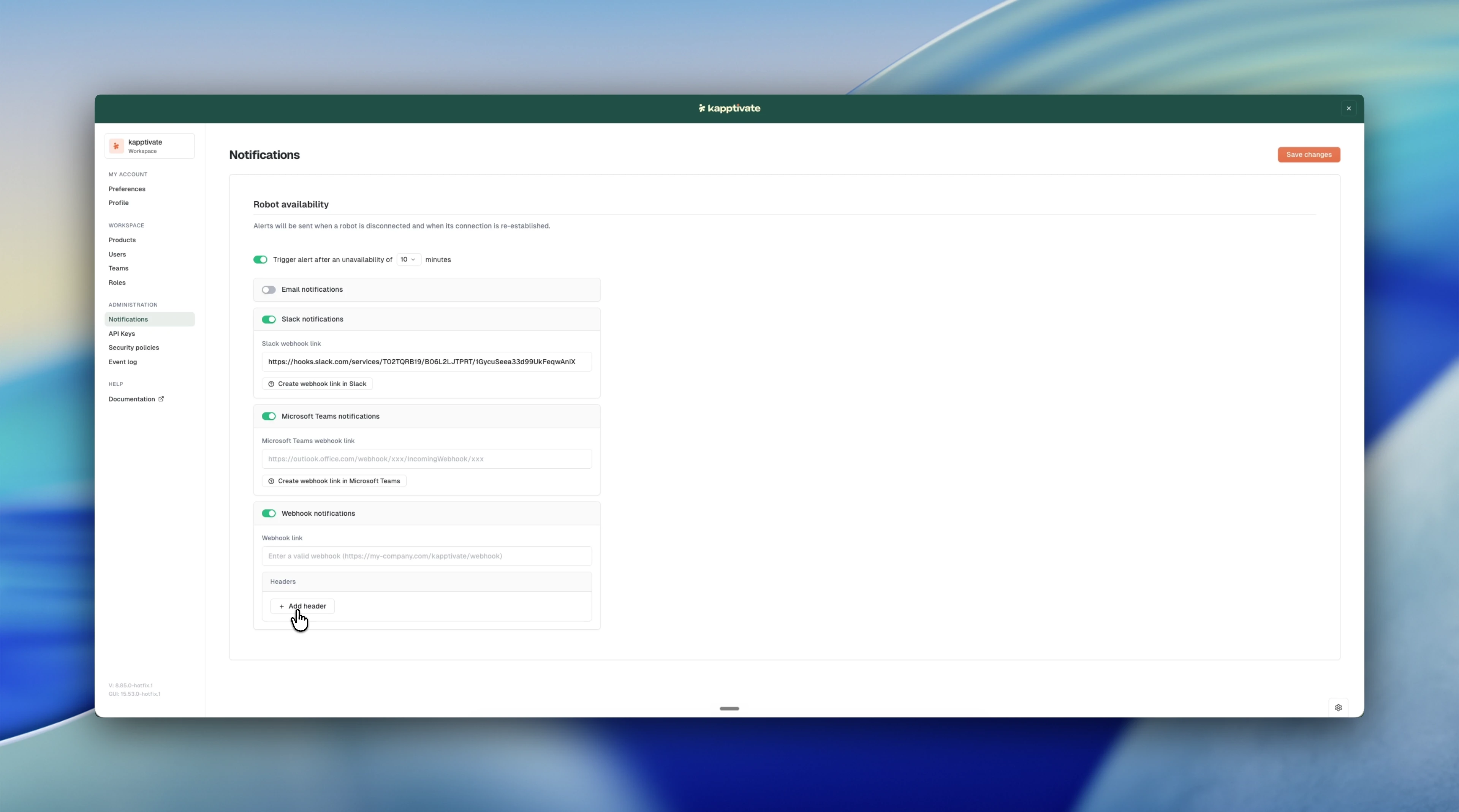 The Notifications settings page with the Robot availability toggle and channels